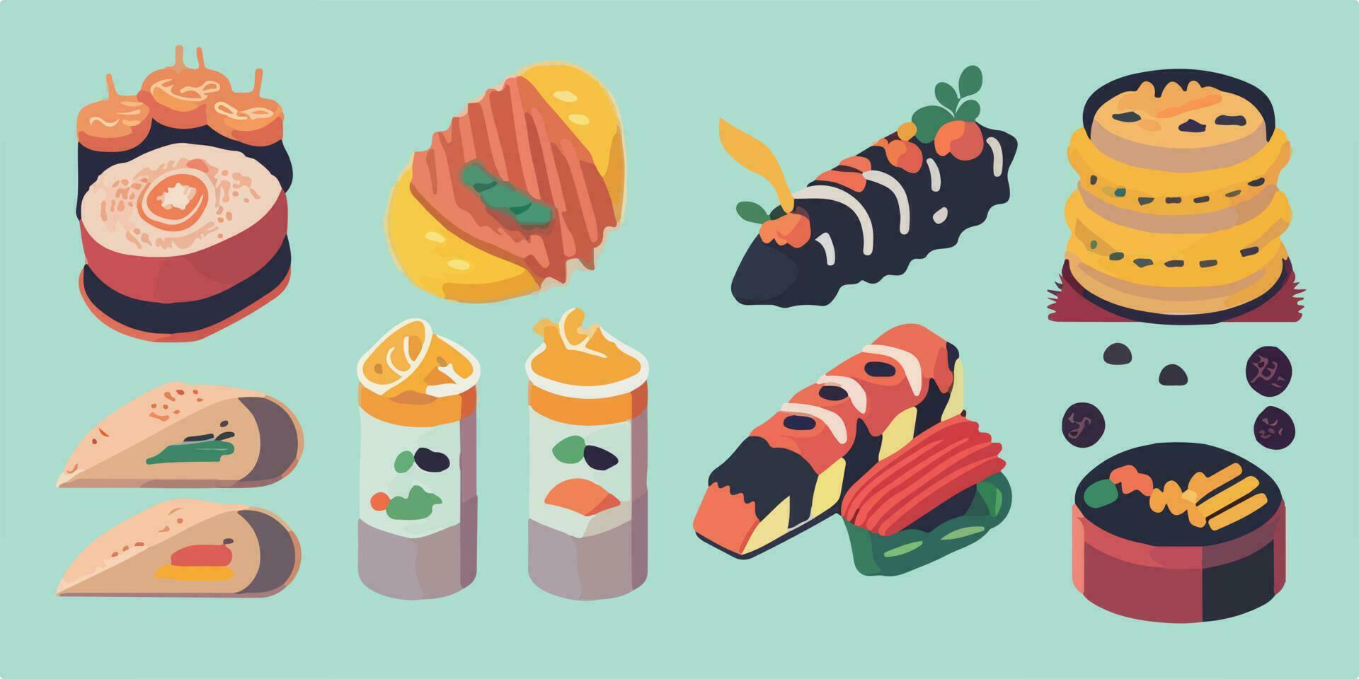 Sushi magia, vibrante vector ilustración de un caprichoso japonés banquete