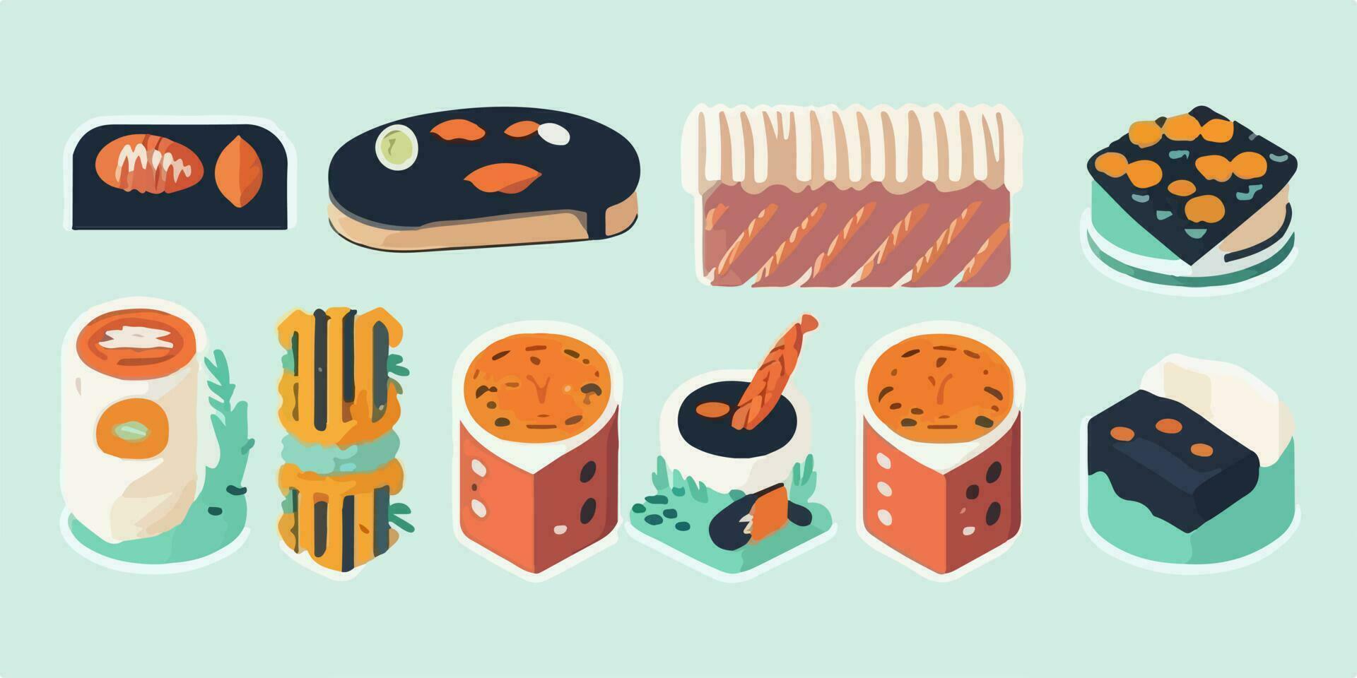 kawaii Sushi aventura, encantador y vistoso vector ilustración