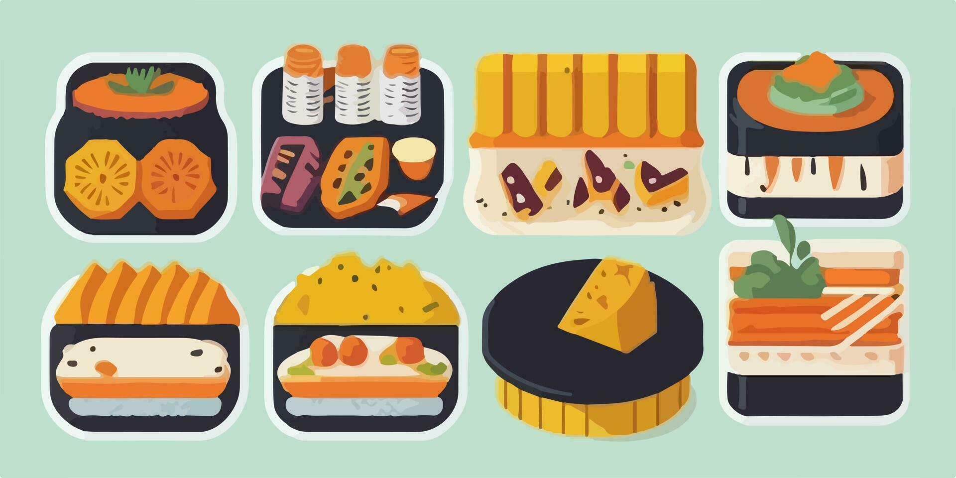 Sushi fantasía, a todo color Sushi conjunto ilustración con caprichoso caracteres vector