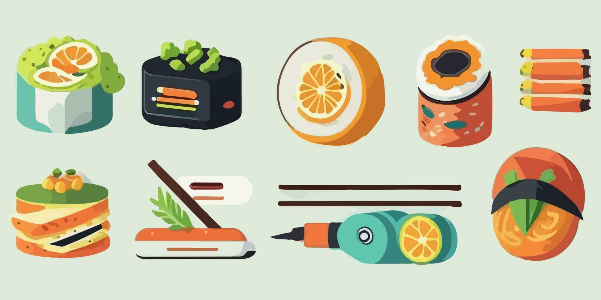 caprichoso Sushi sinfonía, juguetón vector ilustración de vistoso rollos