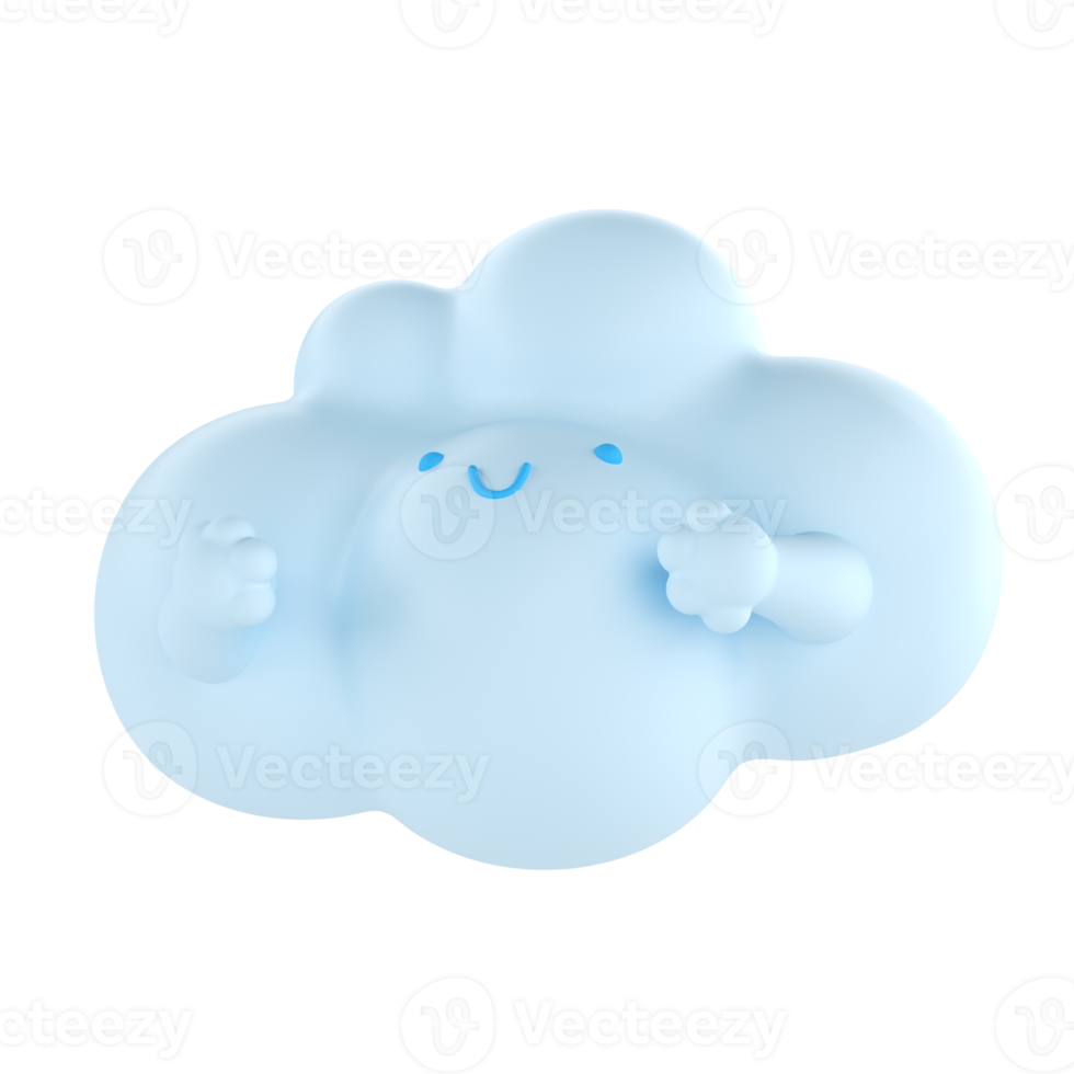 Light blue 3d cloud icon face. Render soft round cartoon fluffy cloud icon shape illustration isolated transparent png background