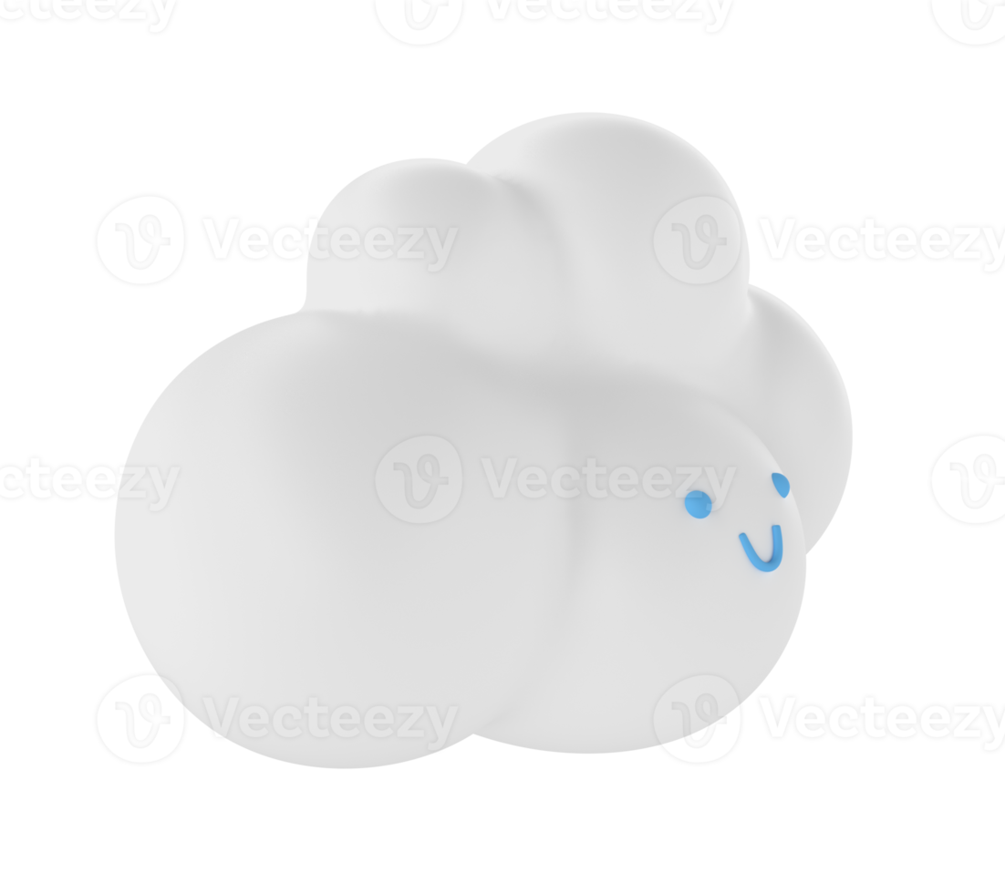Light white 3d cloud icon face rendering. Render soft round cartoon fluffy cloud icon shape illustration isolated transparent png background