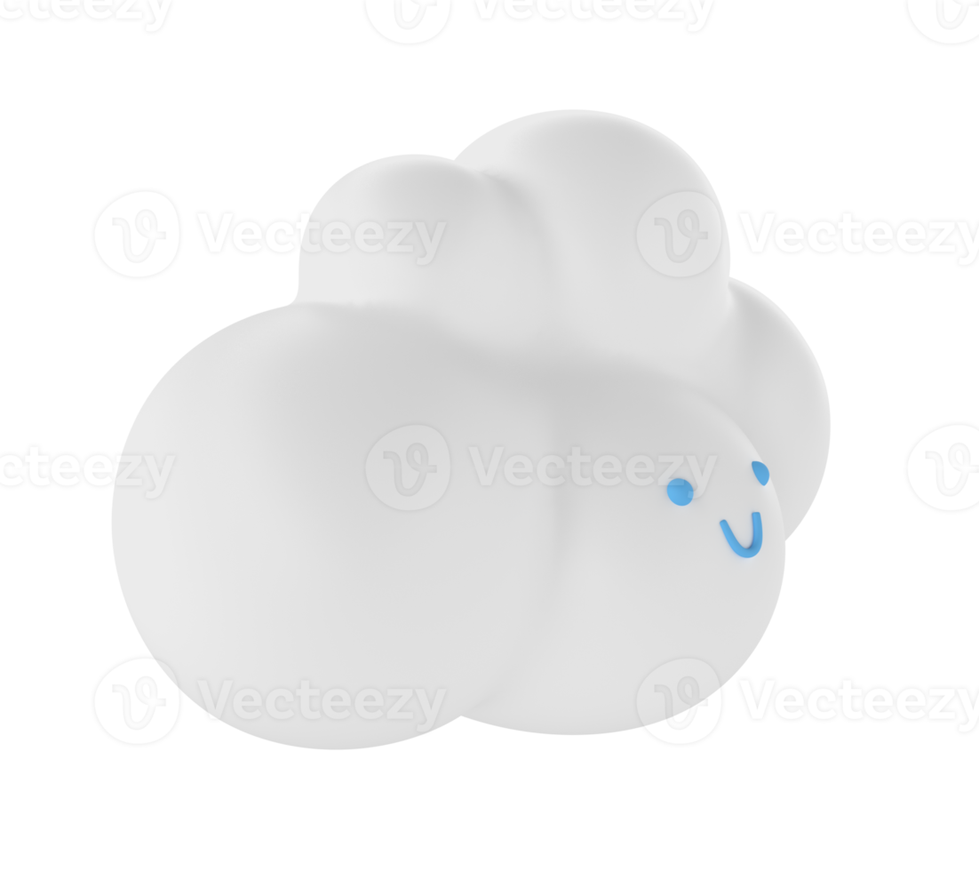 Light white 3d cloud icon face rendering. Render soft round cartoon fluffy cloud icon shape illustration isolated transparent png background