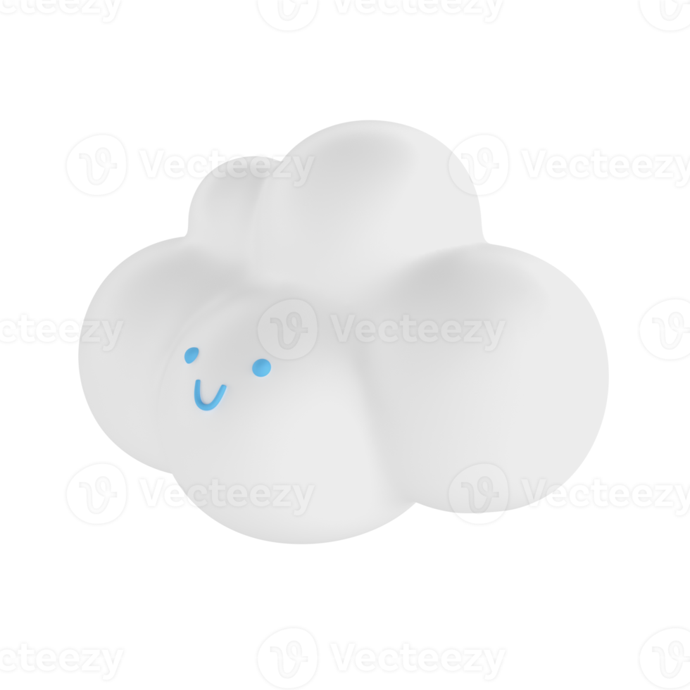 Light white 3d cloud icon face. Render soft round cartoon fluffy cloud icon shape illustration isolated transparent png background