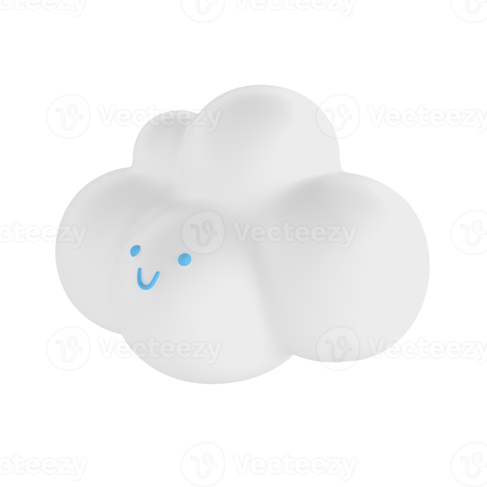 Light white 3d cloud icon face. Render soft round cartoon fluffy cloud icon shape illustration isolated transparent png background