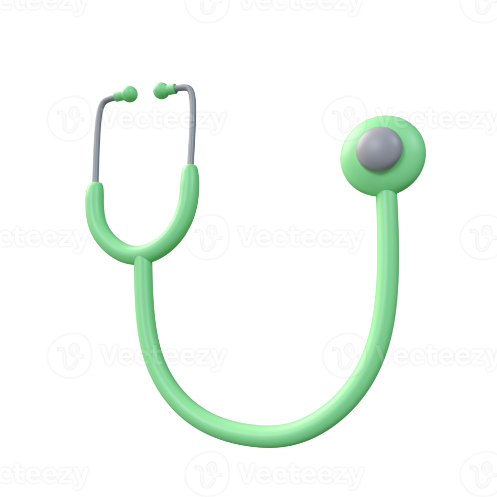 3d green stethoscope icon. Rendering illustration of medical sign. Clinical diagnostic, listen heartbeat medicine tool. Cartoon cute cardiology instrument. isolated transparent png background