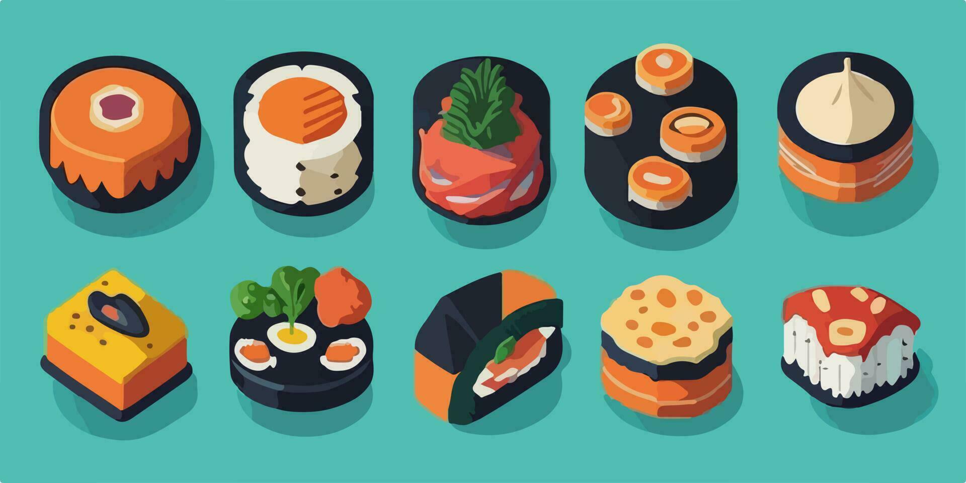 Sushi magia, vibrante vector ilustración presentando un formación de tentador rollos