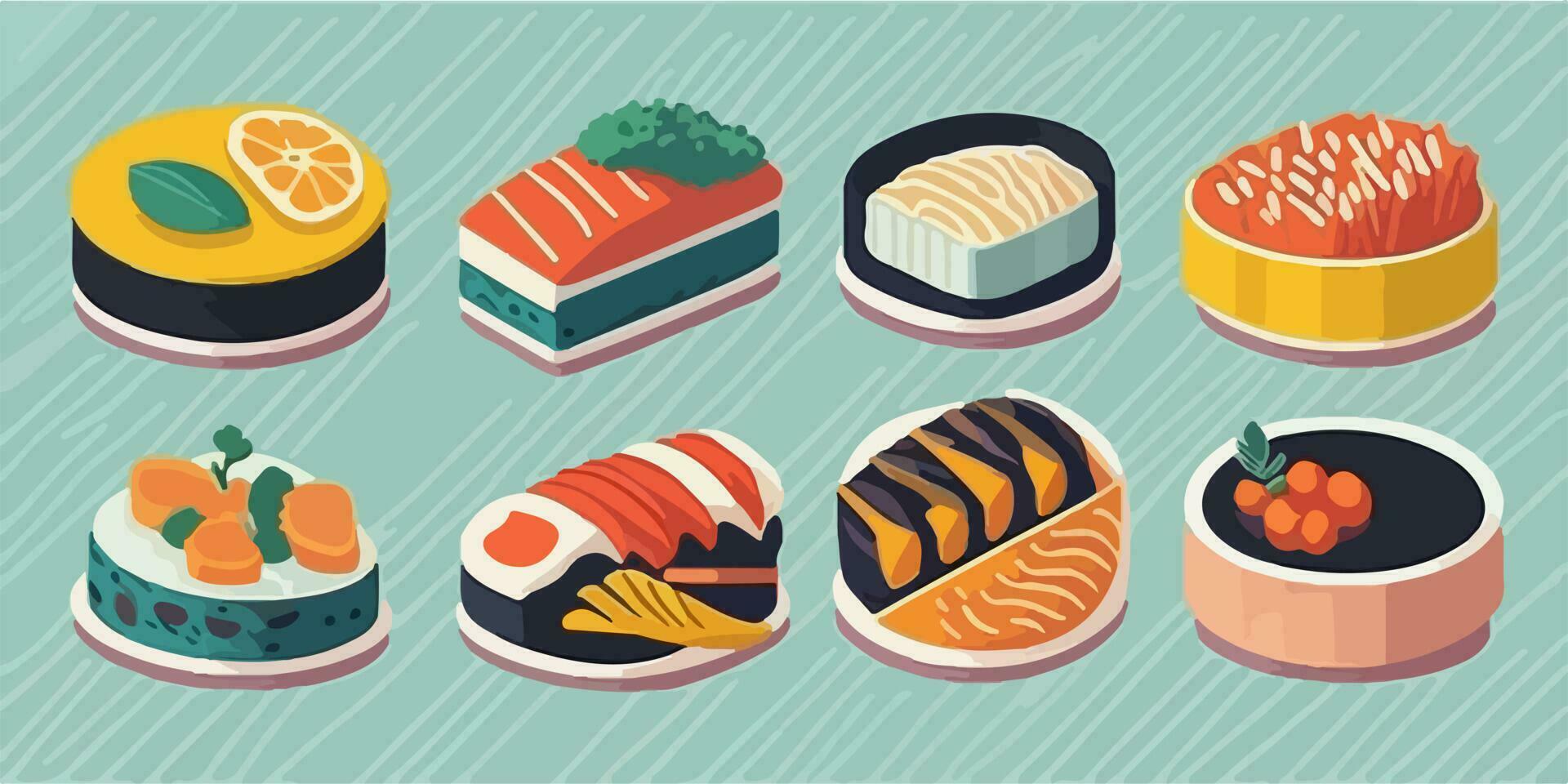 sabroso escapadas, a todo color ilustración de un Agua en la boca Sushi conjunto vector