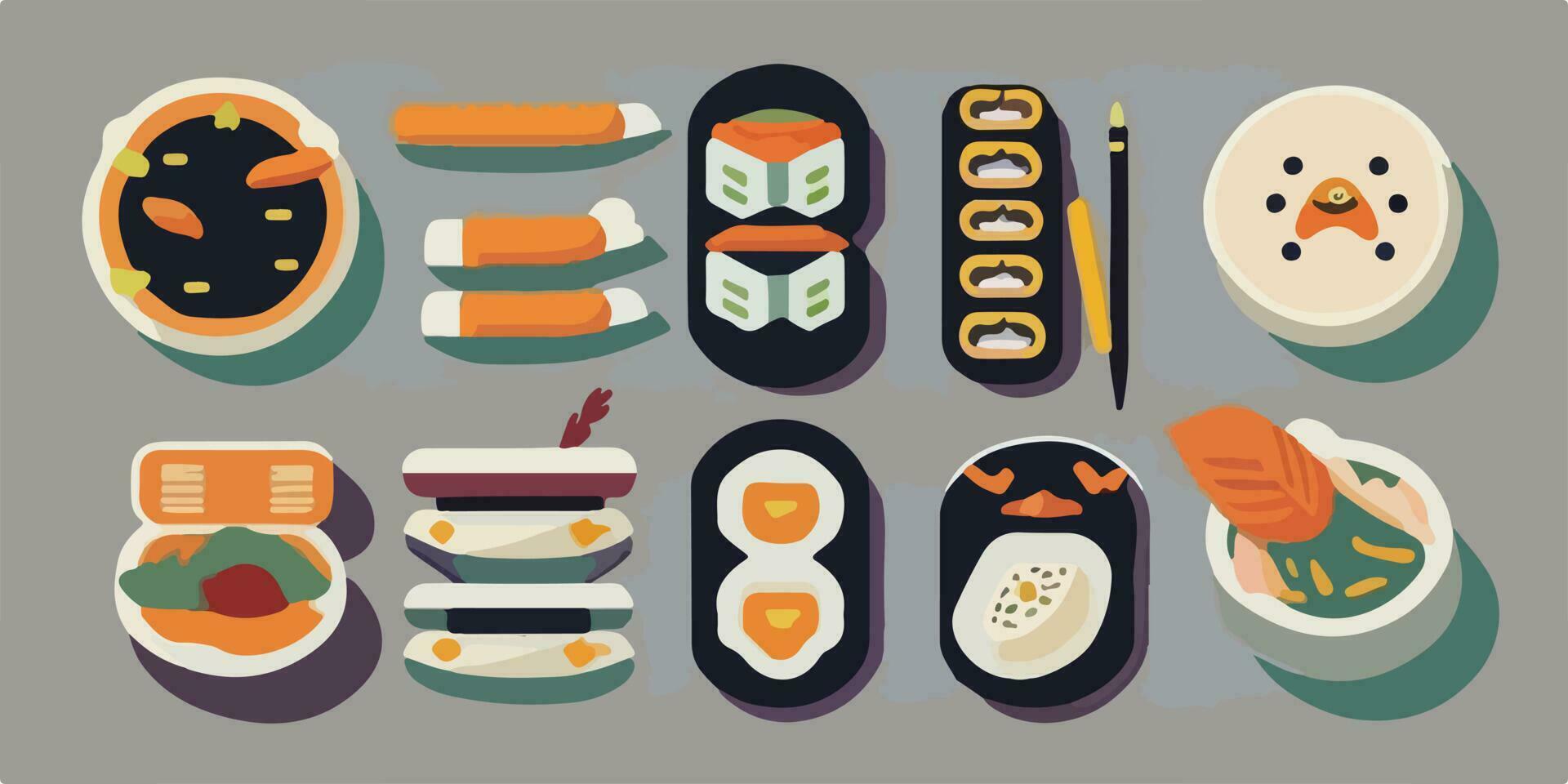 saborear el sabores, vibrante dibujos animados ilustración de un vistoso Sushi conjunto vector