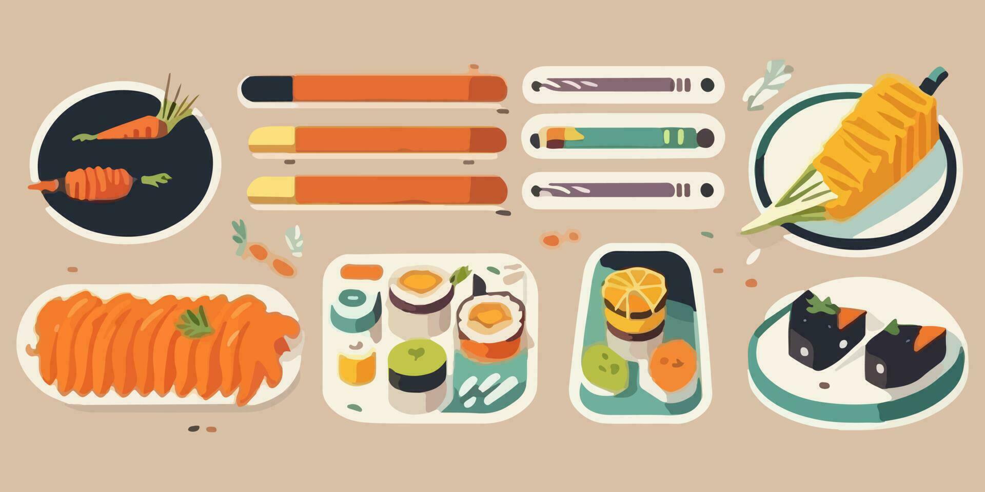 artístico Sushi dicha, a todo color vector ilustración de un tentador Sushi conjunto