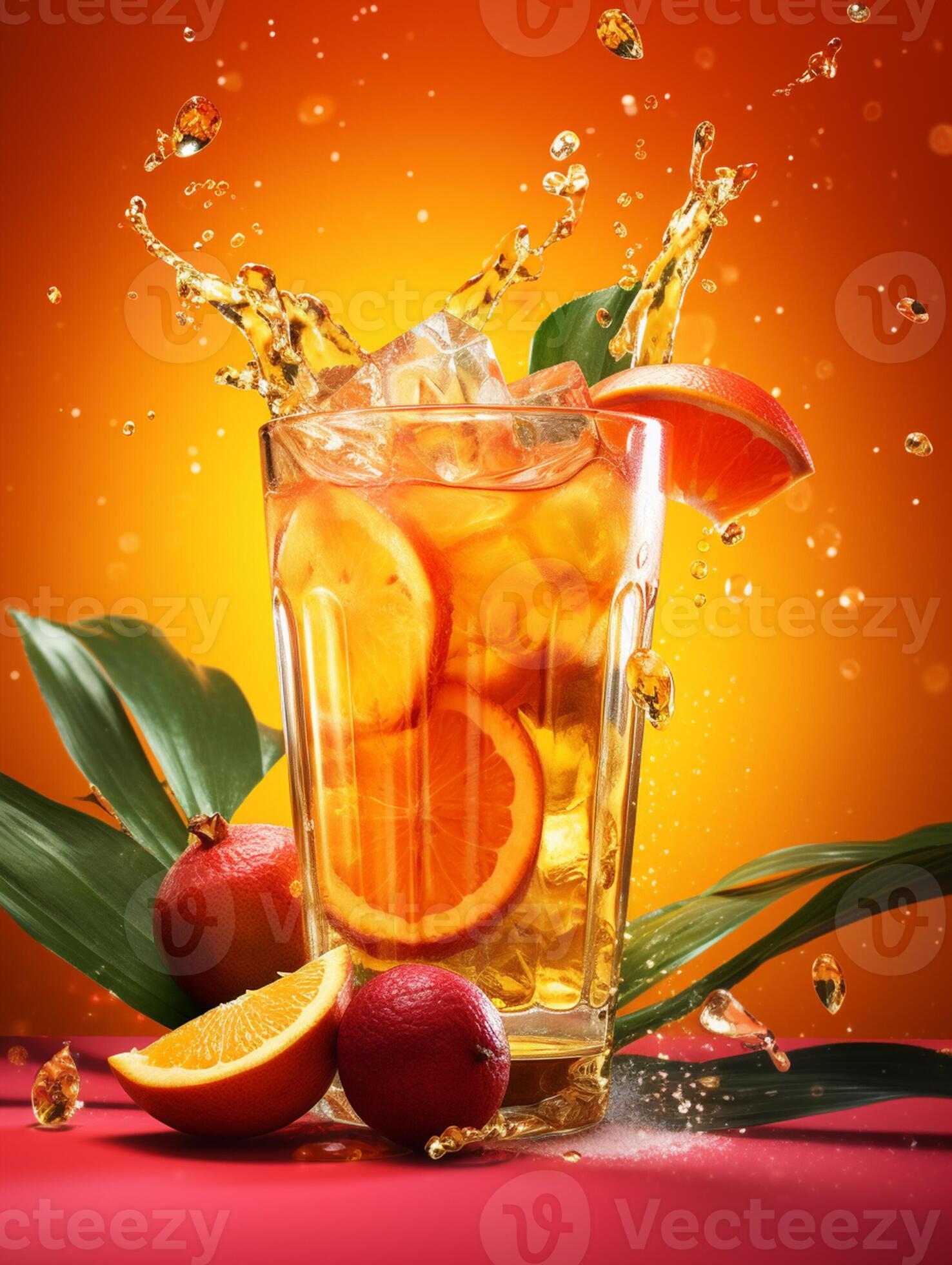 Fresh Orange Juice with a Twist of Mango and Coconut, Low angle Shot