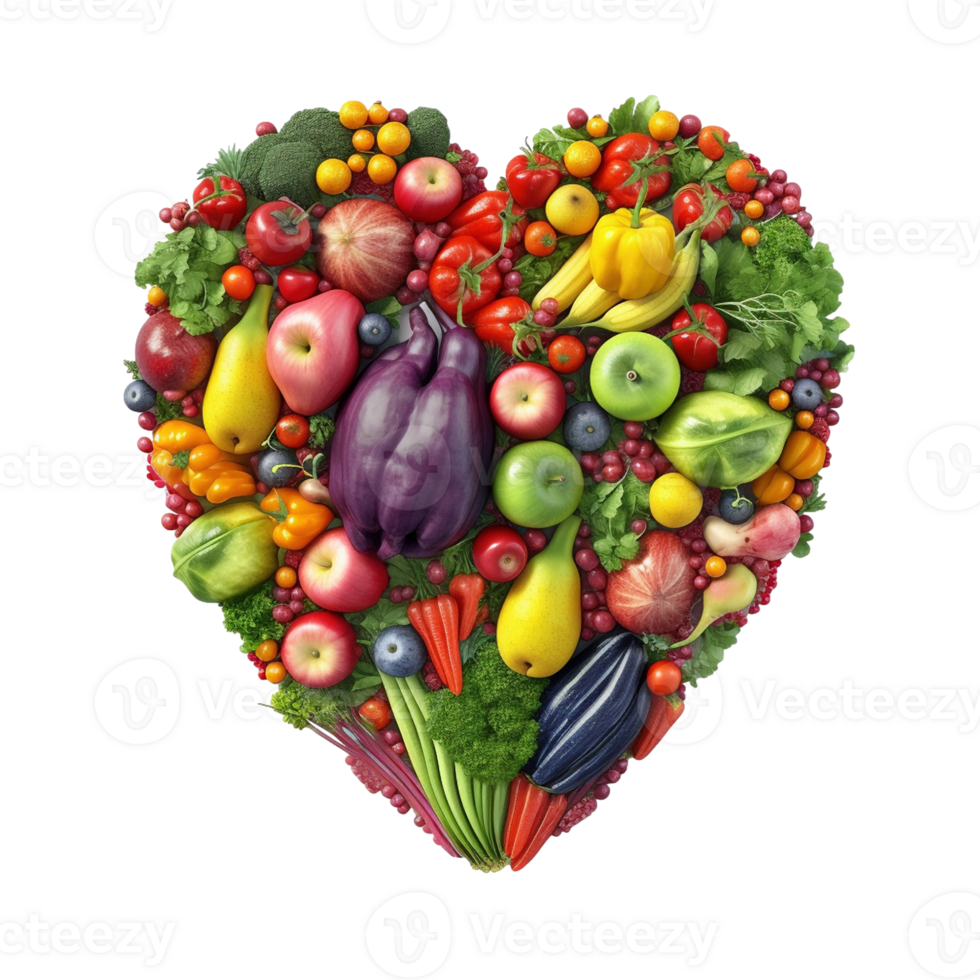 cuore fatto di frutta e verdure isolato su trasparente sfondo, creato con generativo ai png