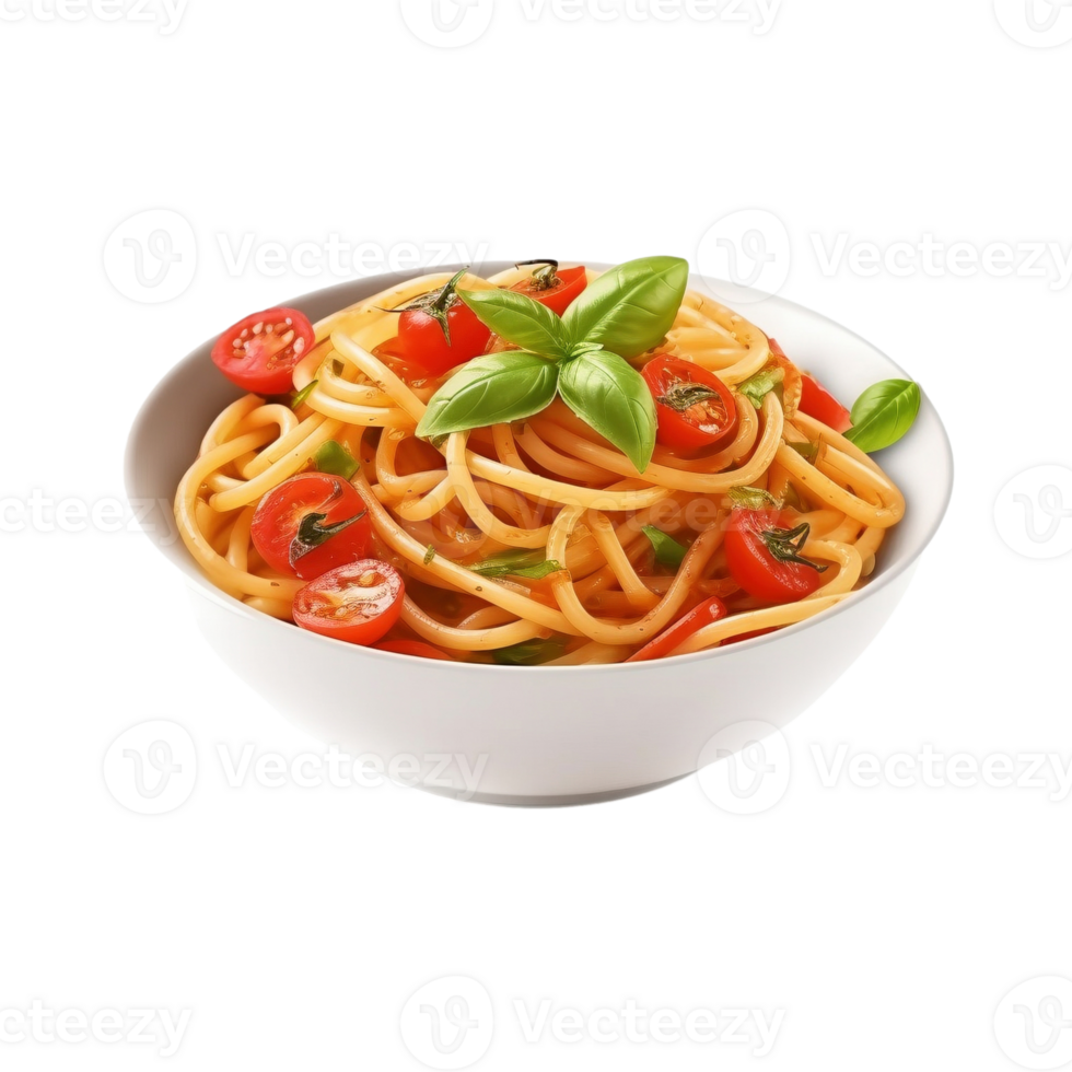 Traditional Italian linguini pasta with tomatoes and basil isolated on transparent background, created with png