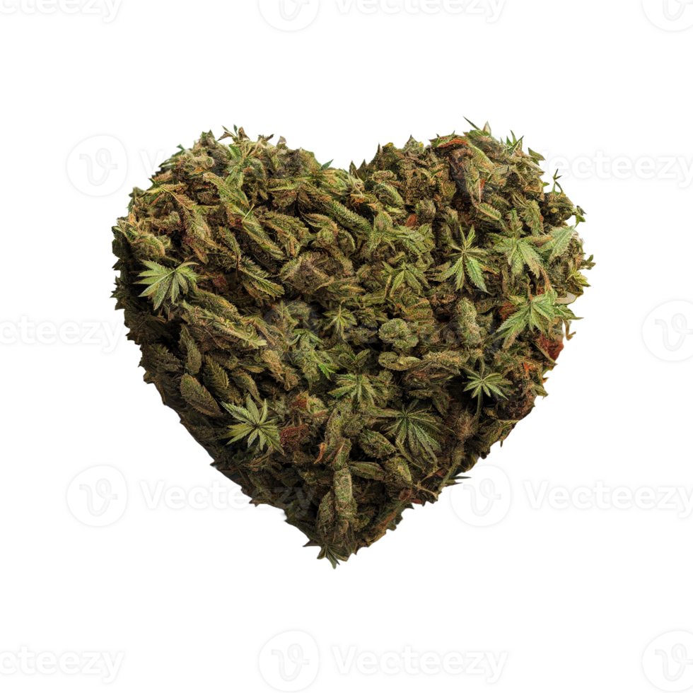 Heart shape made of cannabis leaves on transparent background, created with png