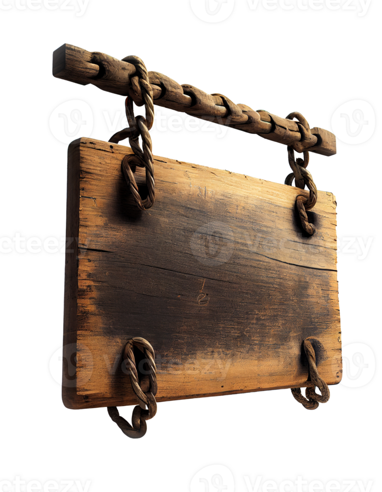 Wooden signboard hanging on the chains on transparent background, created with png