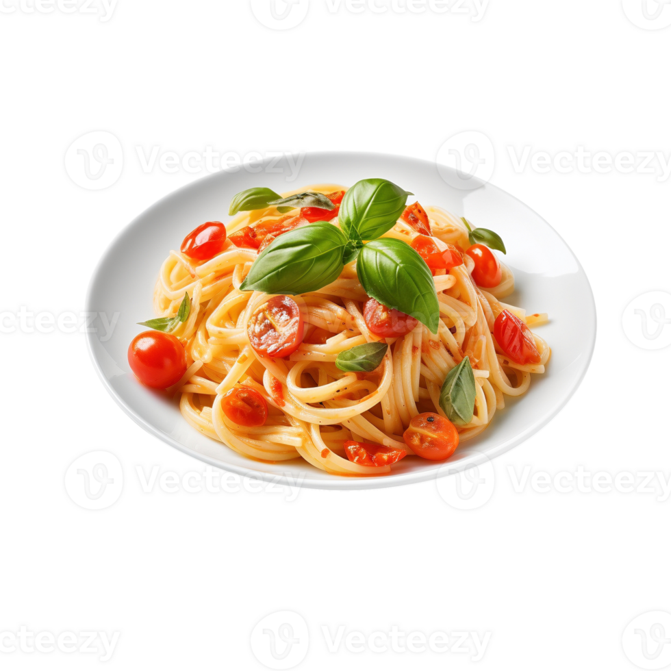 Traditional Italian linguini pasta with tomatoes and basil isolated on transparent background, created with png