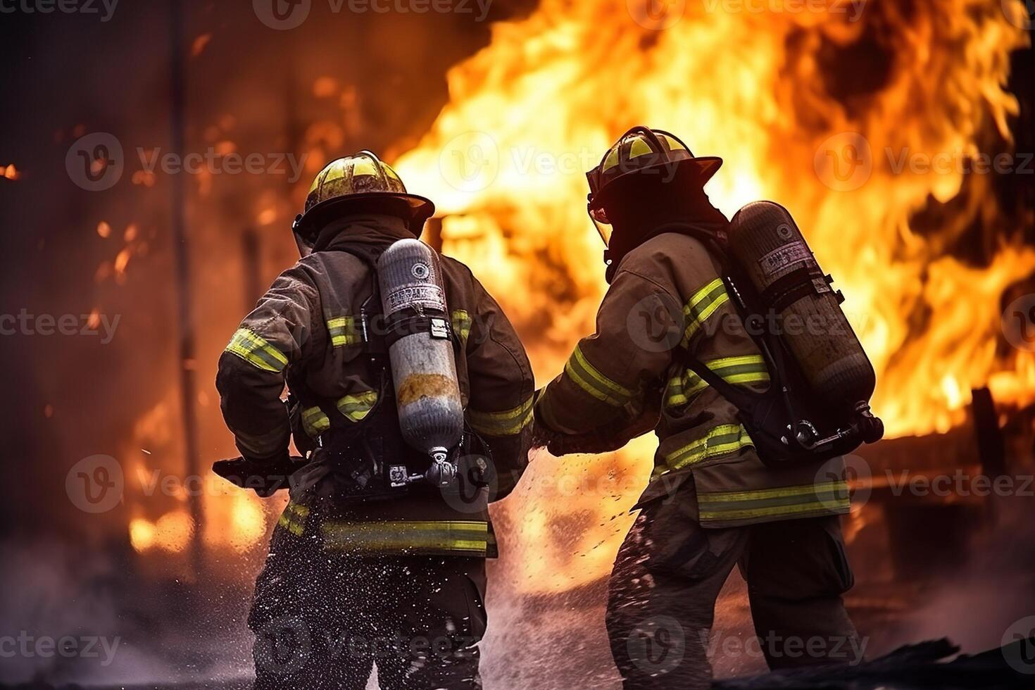 Two uniformed firefighters putting off pire, unrecogzinable people, . photo