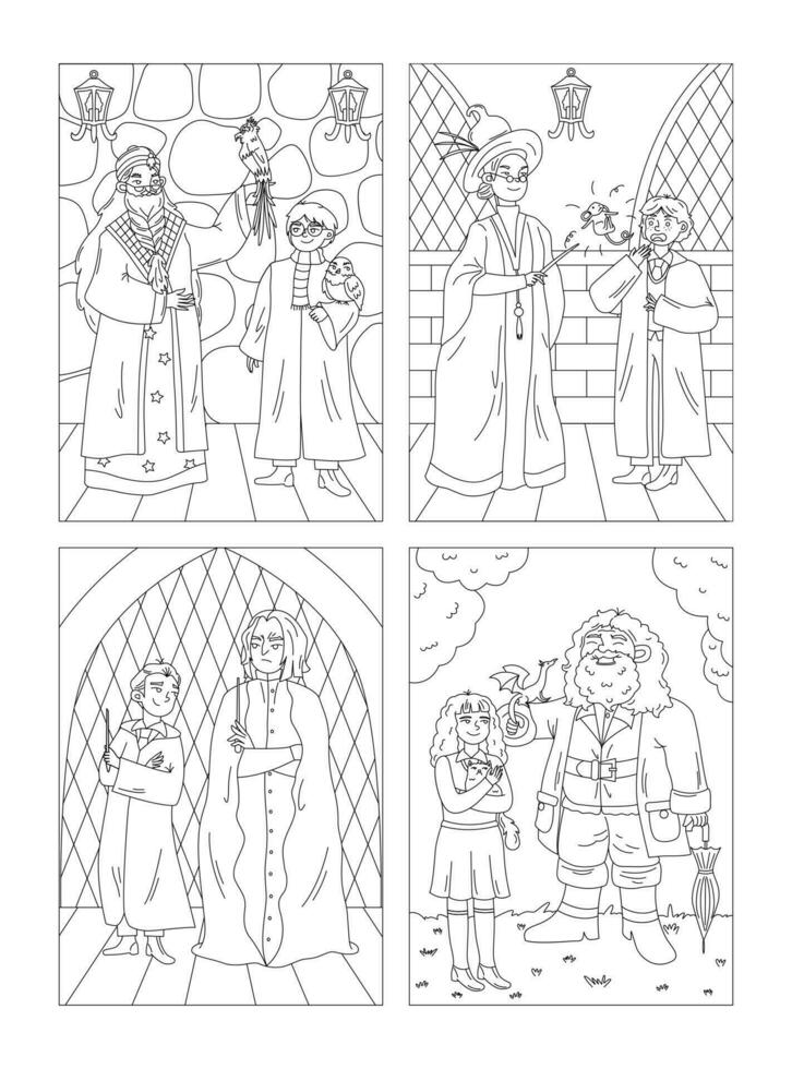 Wizard Students with Their Magic Teachers Coloring Pages vector