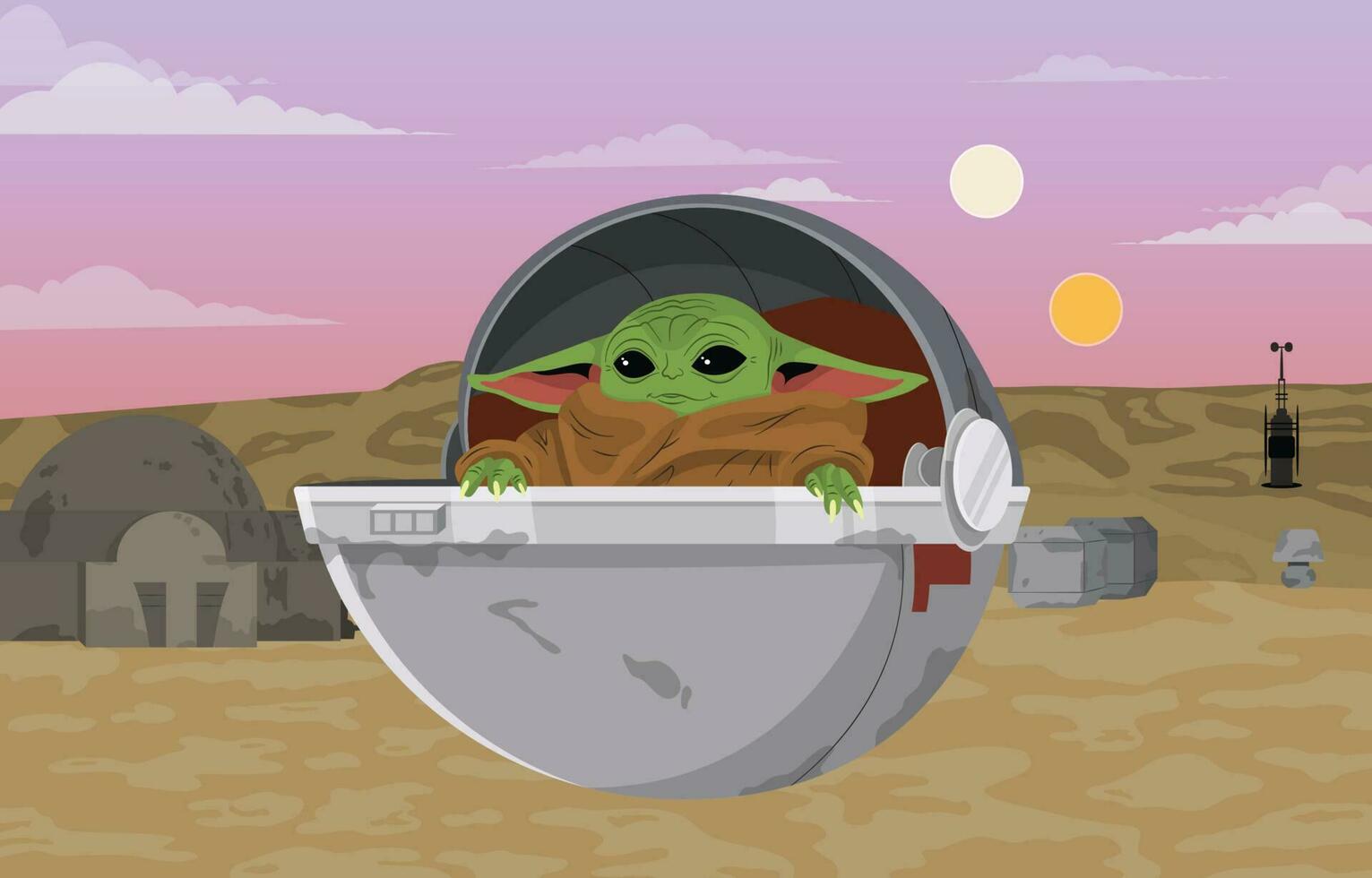 Green Alien with His Space Ship in the Middle of the Dessert vector