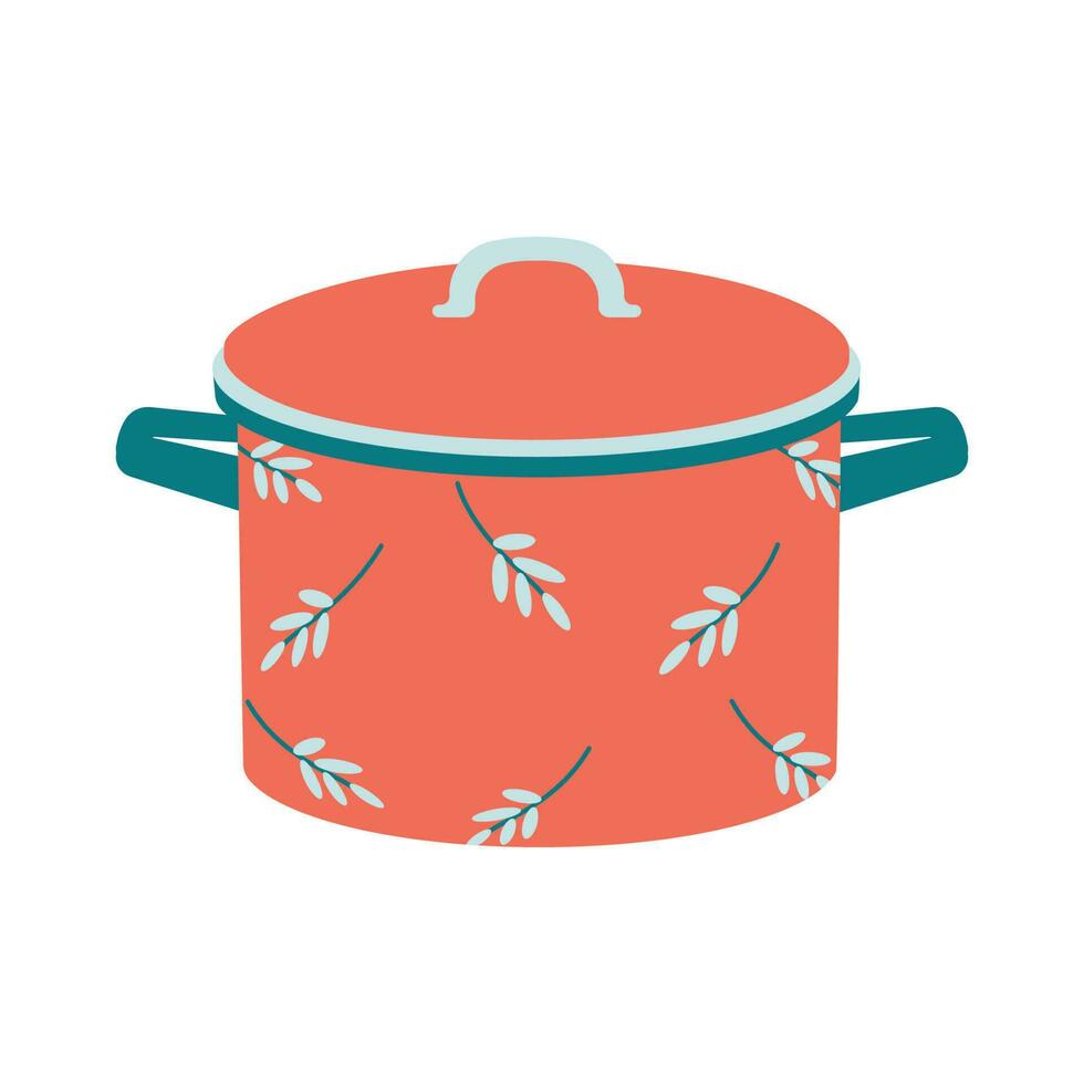Dishes. A red pot with a lid and a floral ornament. vector