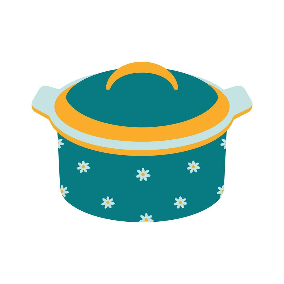 Dishes. A green pot with a lid and a floral ornament. vector