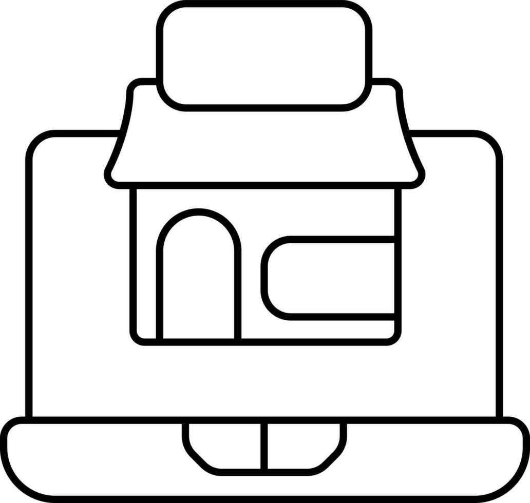 E-Shop In Laptop Screen For Online Shopping Or Sale Black Stroke Icon. vector