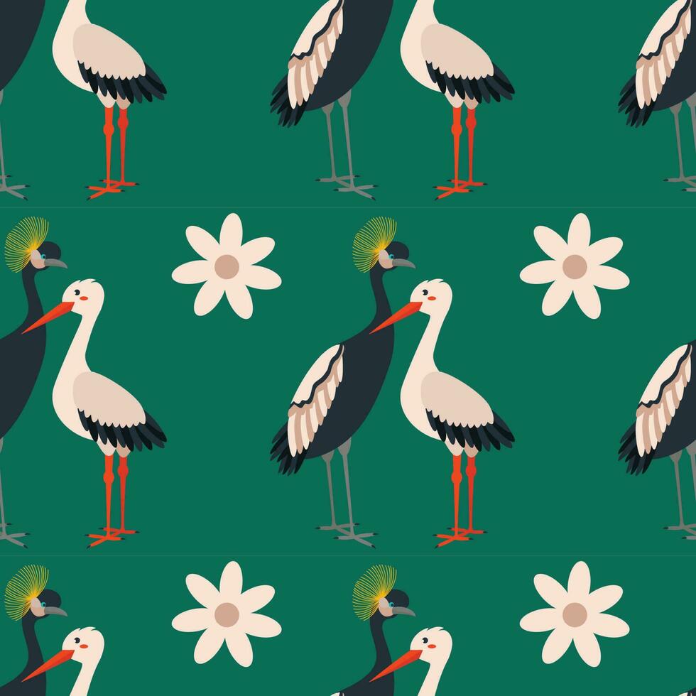 Pattern with stork, crane bird. vector