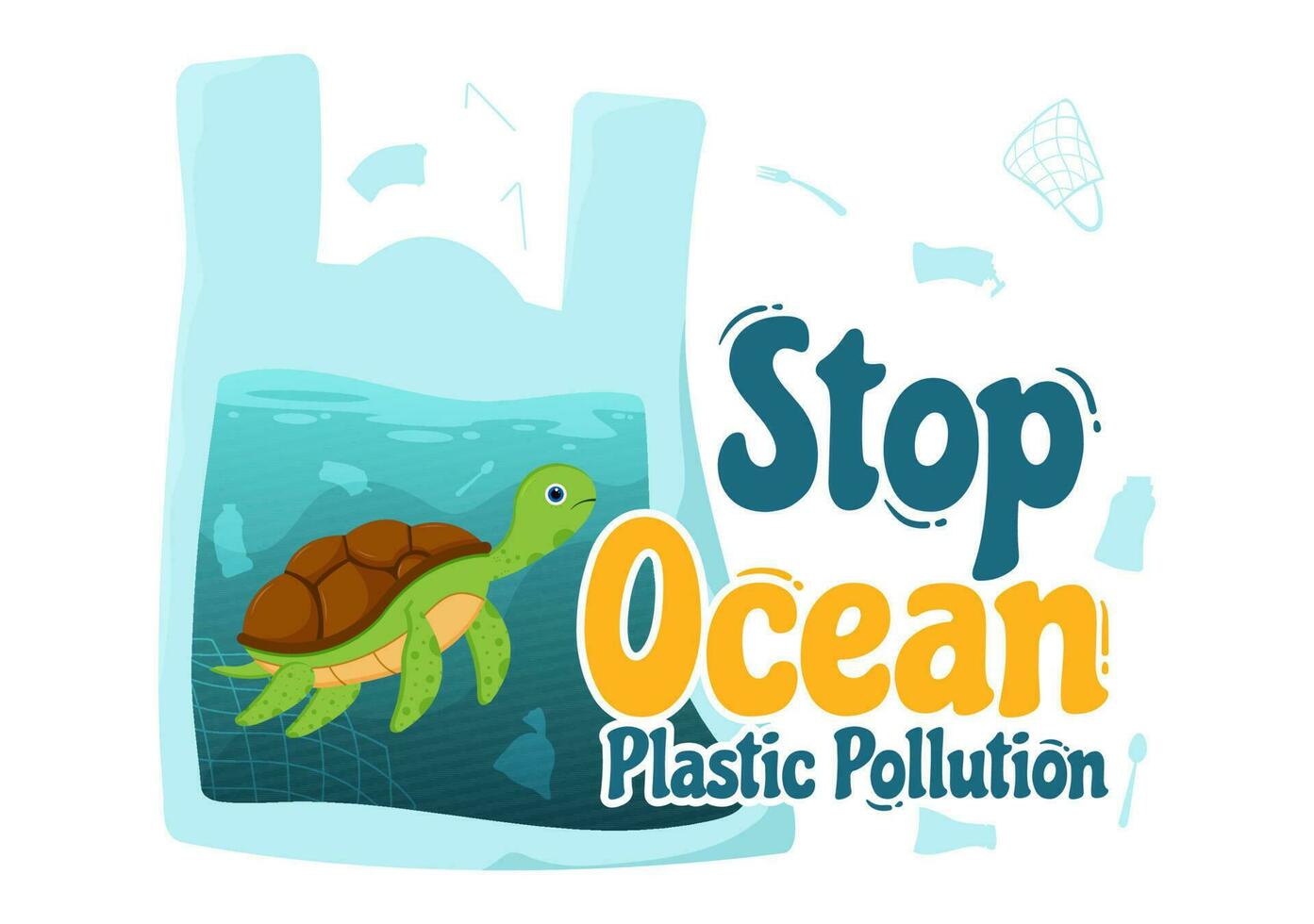 Stop Ocean Plastic Pollution Vector Illustration with Trash Under the Sea like a Waste Bag, Garbage and Bottle in Flat Cartoon Hand Drawn Templates
