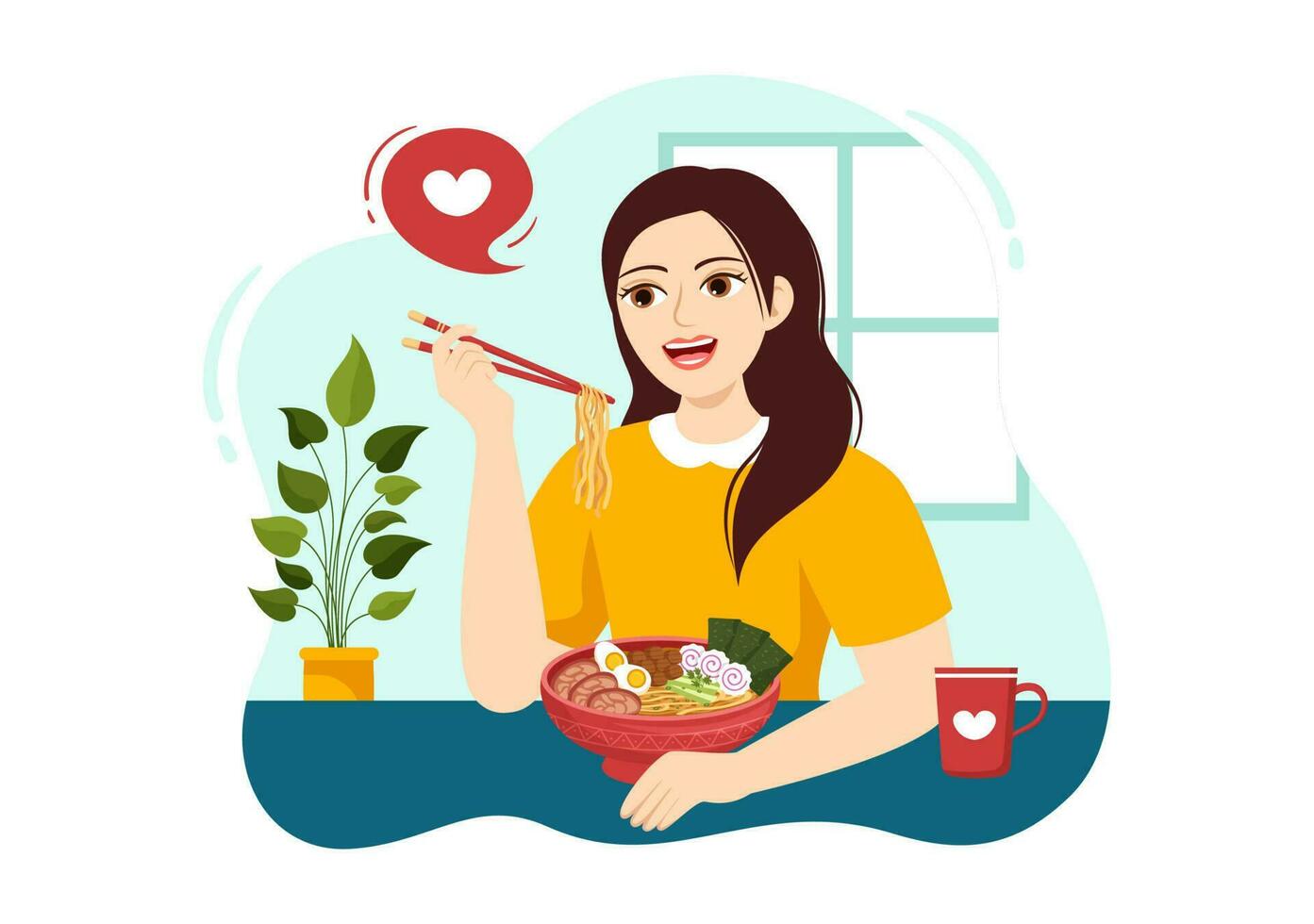 Ramen Vector Illustration of Japanese Food with Noodle, Chopsticks, Miso Soup, Egg Boiled and Grilled Nori in Flat Cartoon Hand Drawn Templates