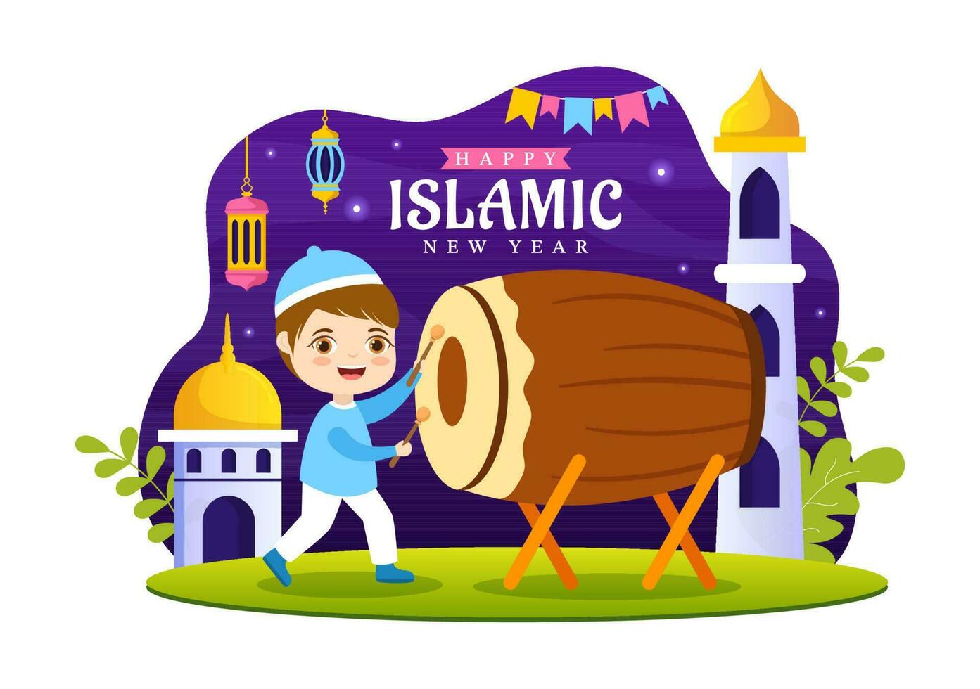 Happy Muharram Vector Illustration with Kids Celebrating Islamic New Year in Flat Cartoon Hand Drawn Landing Page Background Templates