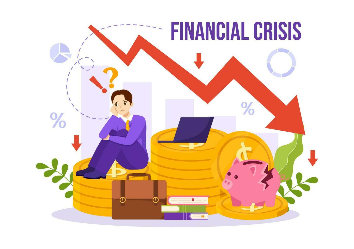 Financial Crisis Vector Illustration with Bankruptcy, Collapse of the Economy and Cost Reduction in Flat Cartoon Hand Drawn Landing Page Templates