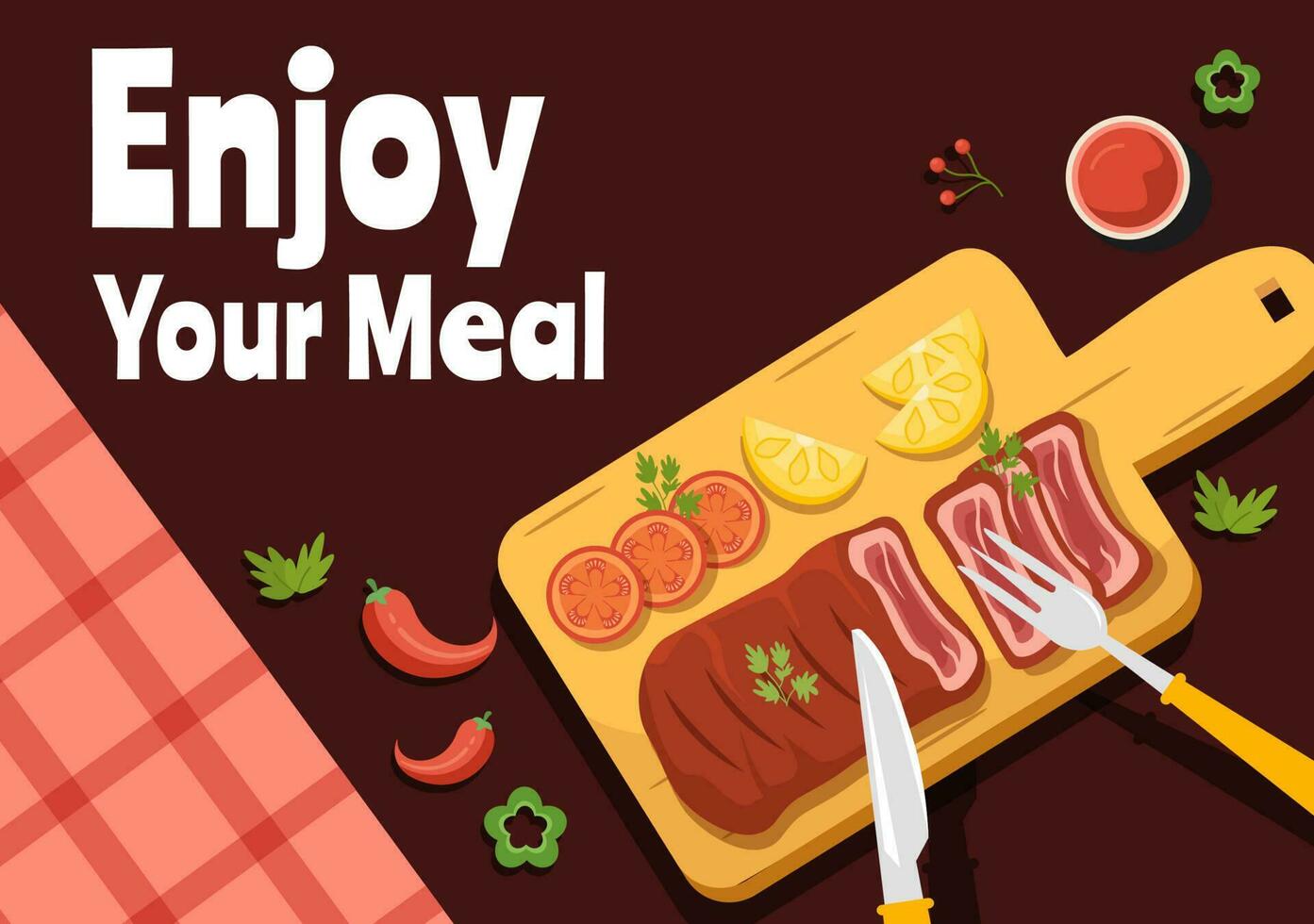 Enjoy Your Meal Vector Illustration a Variety of Delicious Food in Home or Restaurant in Flat Cartoon Hand Drawn Landing Page Background Templates