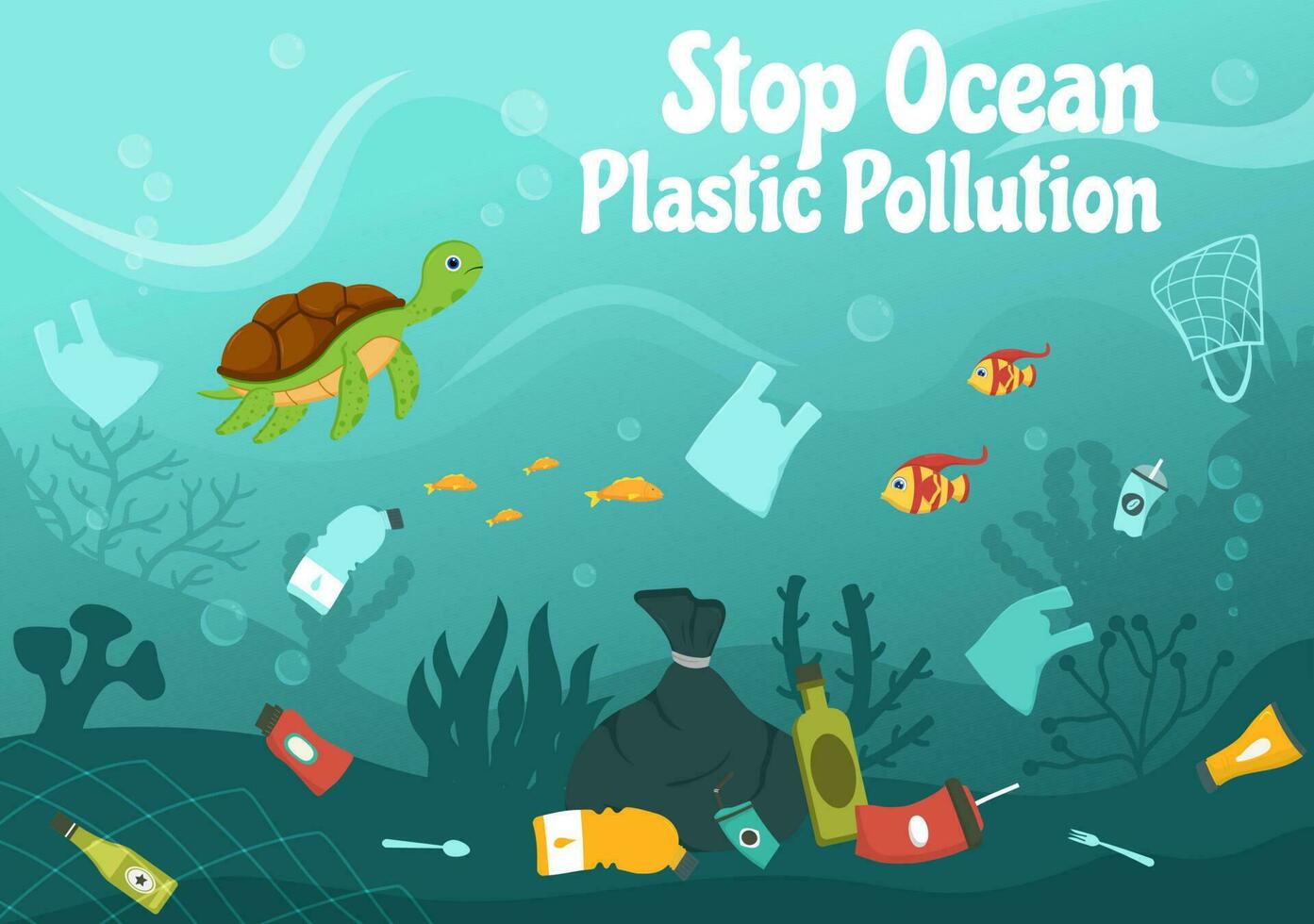 Stop Ocean Plastic Pollution Vector Illustration with Trash Under the Sea like a Waste Bag, Garbage and Bottle in Flat Cartoon Hand Drawn Templates