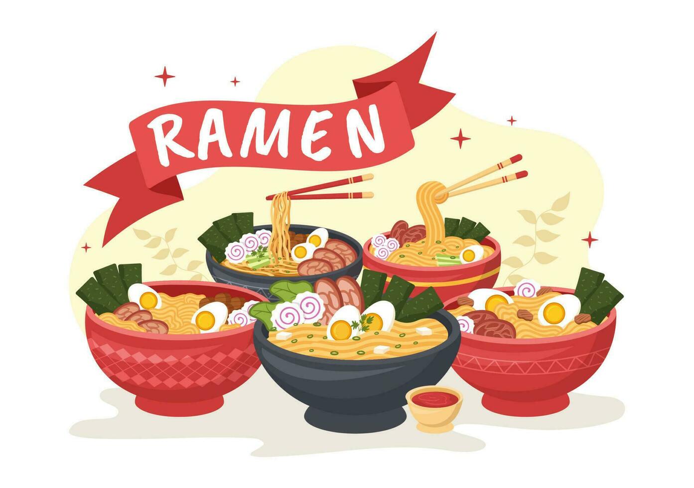 ramen vector ilustración de japonés comida con fideos, palillos, miso sopa, huevo hervido y A la parrilla nori en plano dibujos animados mano dibujado plantillas