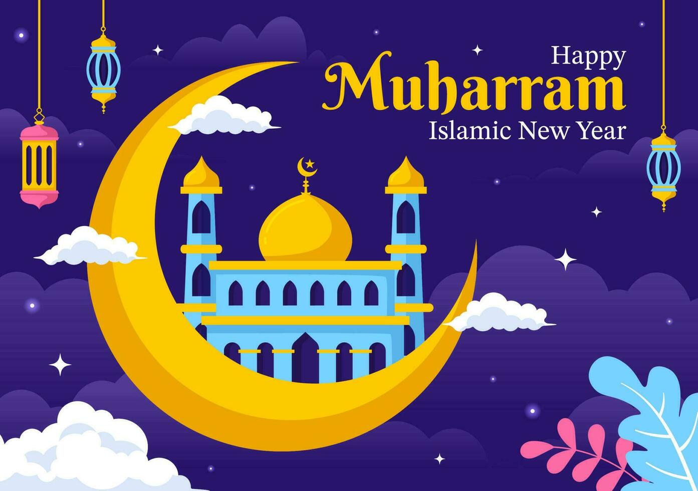 Happy Muharram Vector Illustration with Celebrating Islamic New Year in Flat Cartoon Hand Drawn Landing Page Background Templates