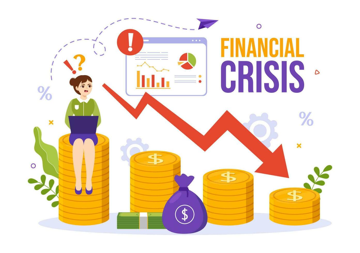 financiero crisis vector ilustración con bancarrota, colapso de el economía y costo reducción en plano dibujos animados mano dibujado aterrizaje página plantillas