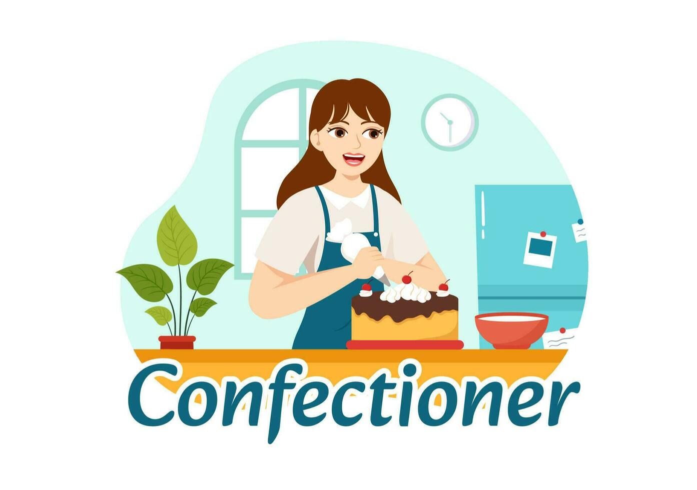 Confectioner Vector Illustration with Chef Wearing Apron Preparing Dessert, Sweet Products and Pastry in Flat Cartoon Hand Drawn Templates