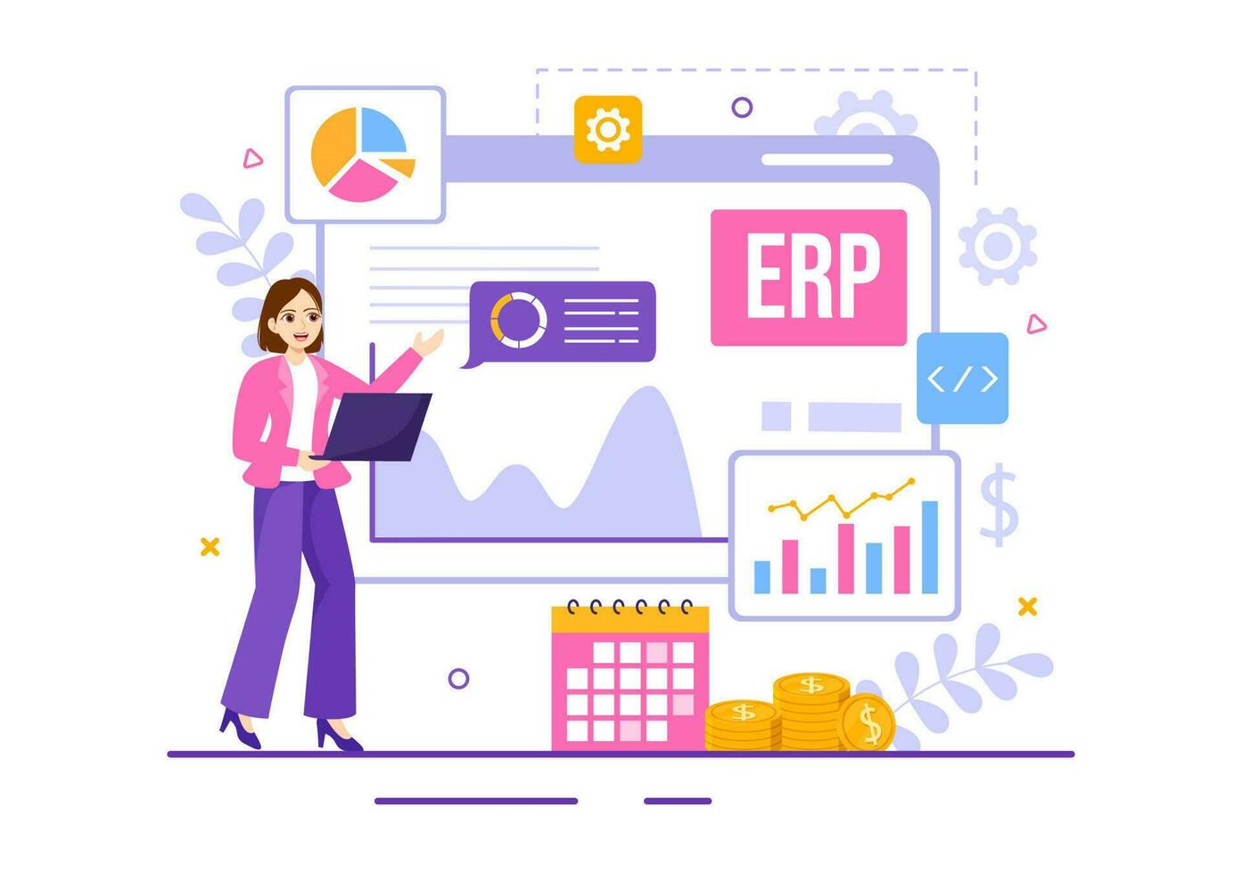 erp empresa recurso planificación sistema vector ilustración con negocio integración, productividad y empresa mejora en mano dibujado plantillas