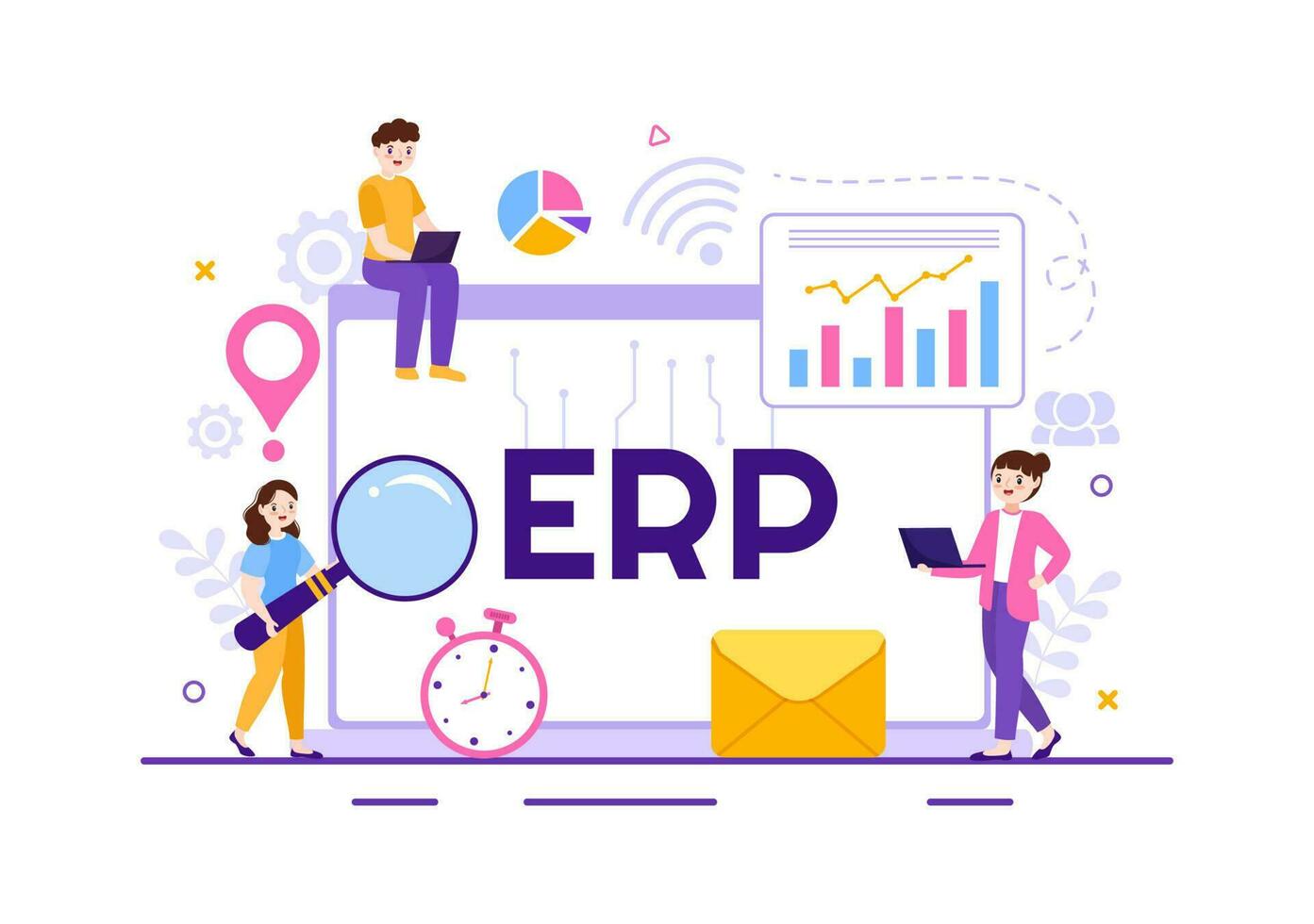 erp empresa recurso planificación sistema vector ilustración con negocio integración, productividad y empresa mejora en mano dibujado plantillas