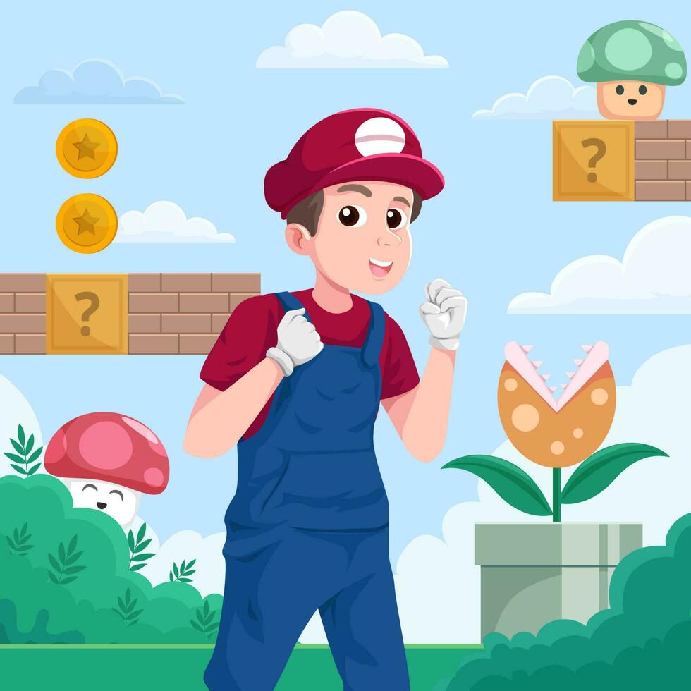 Plumber Boy In Mushroom Garden Concept vector