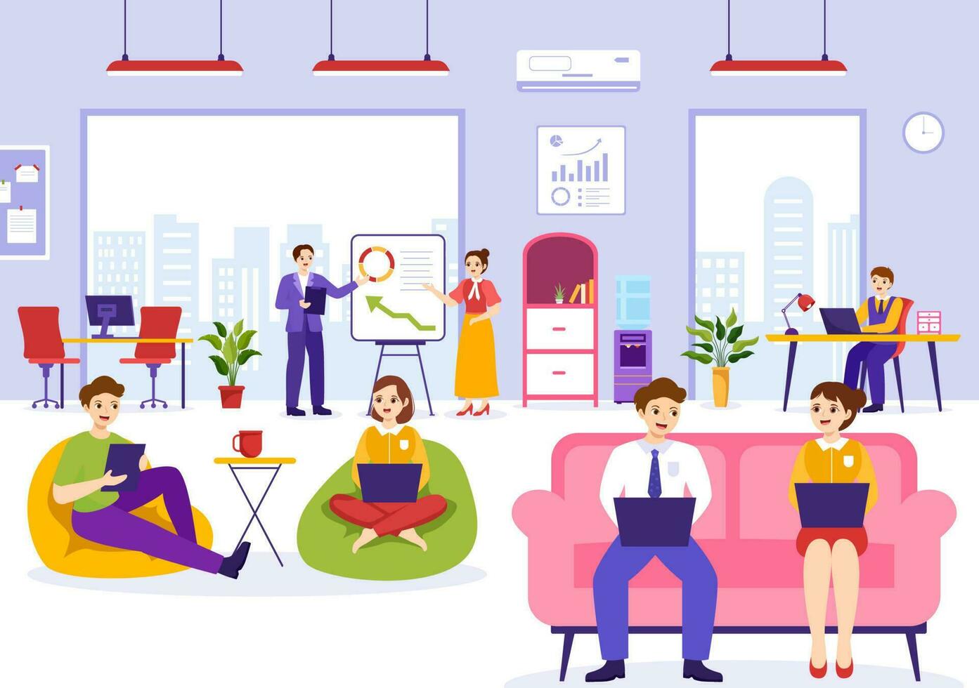 Coworking Business Vector Illustration with Colleagues Talking, Meeting and Working at the Office in Flat Cartoon Hand Drawn Landing Page Templates