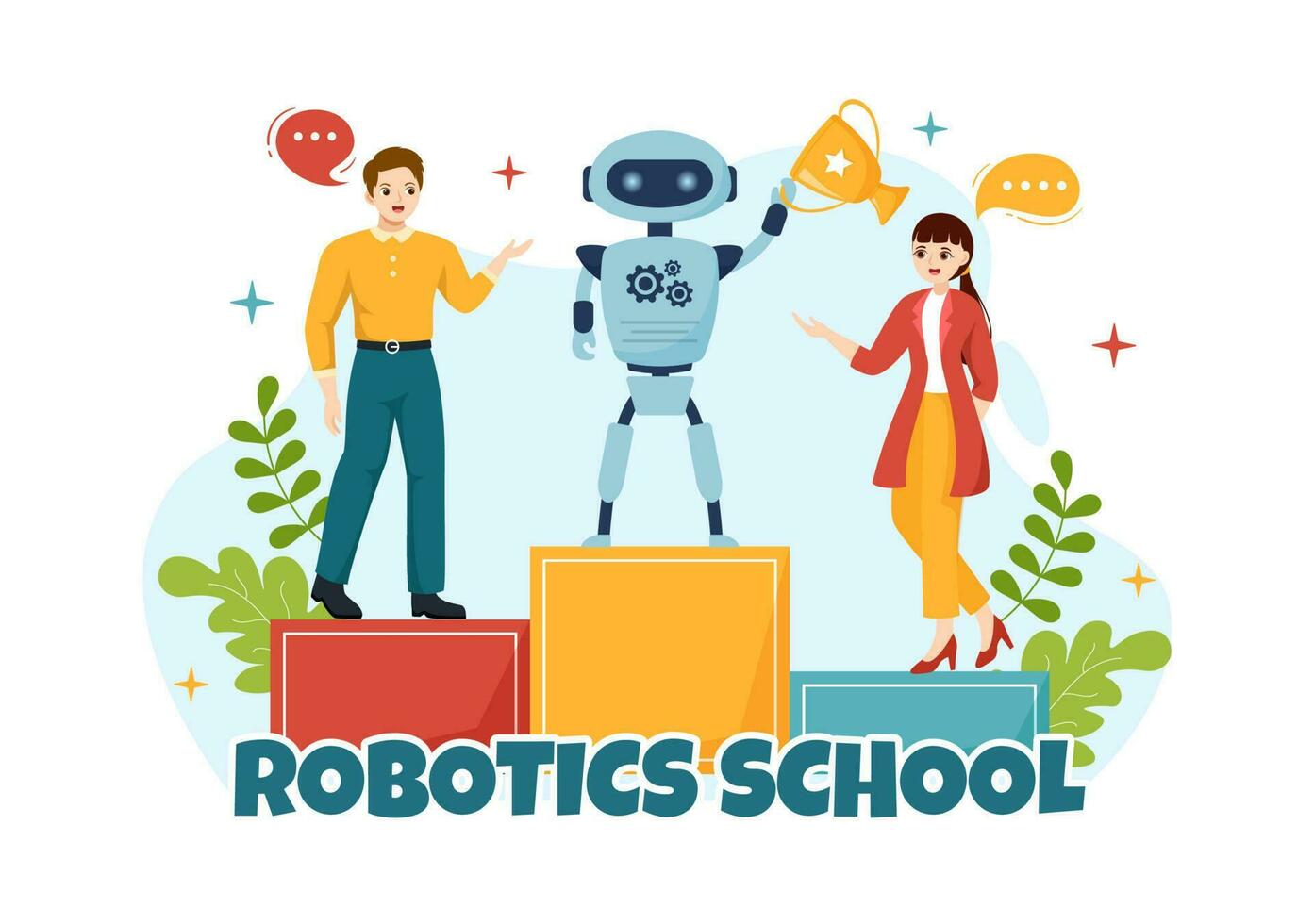 robótica colegio vector ilustración con juventud robótico proyecto a programación y Ingenieria robot en dibujos animados mano dibujado aterrizaje página plantillas