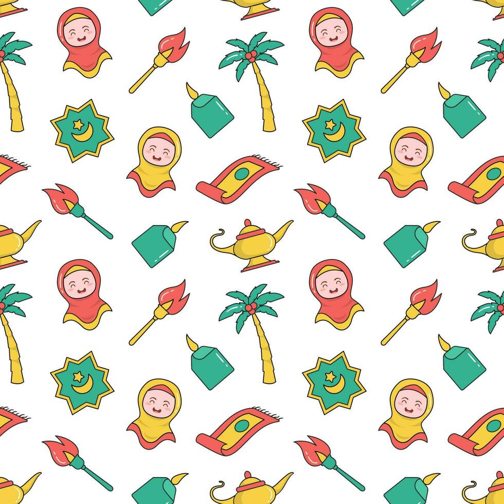 Happy Islamic New Year Seamless Pattern Design Flat Illustration with Muslims Elements in Template Hand Drawn vector