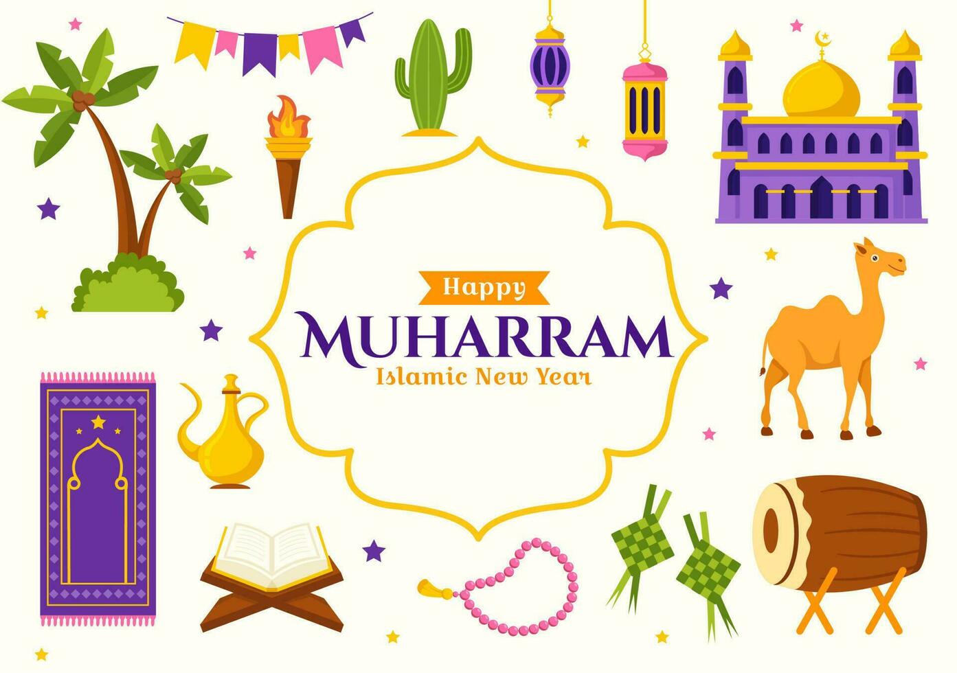 Happy Muharram Vector Illustration with Celebrating Islamic New Year in Flat Cartoon Hand Drawn Landing Page Background Templates