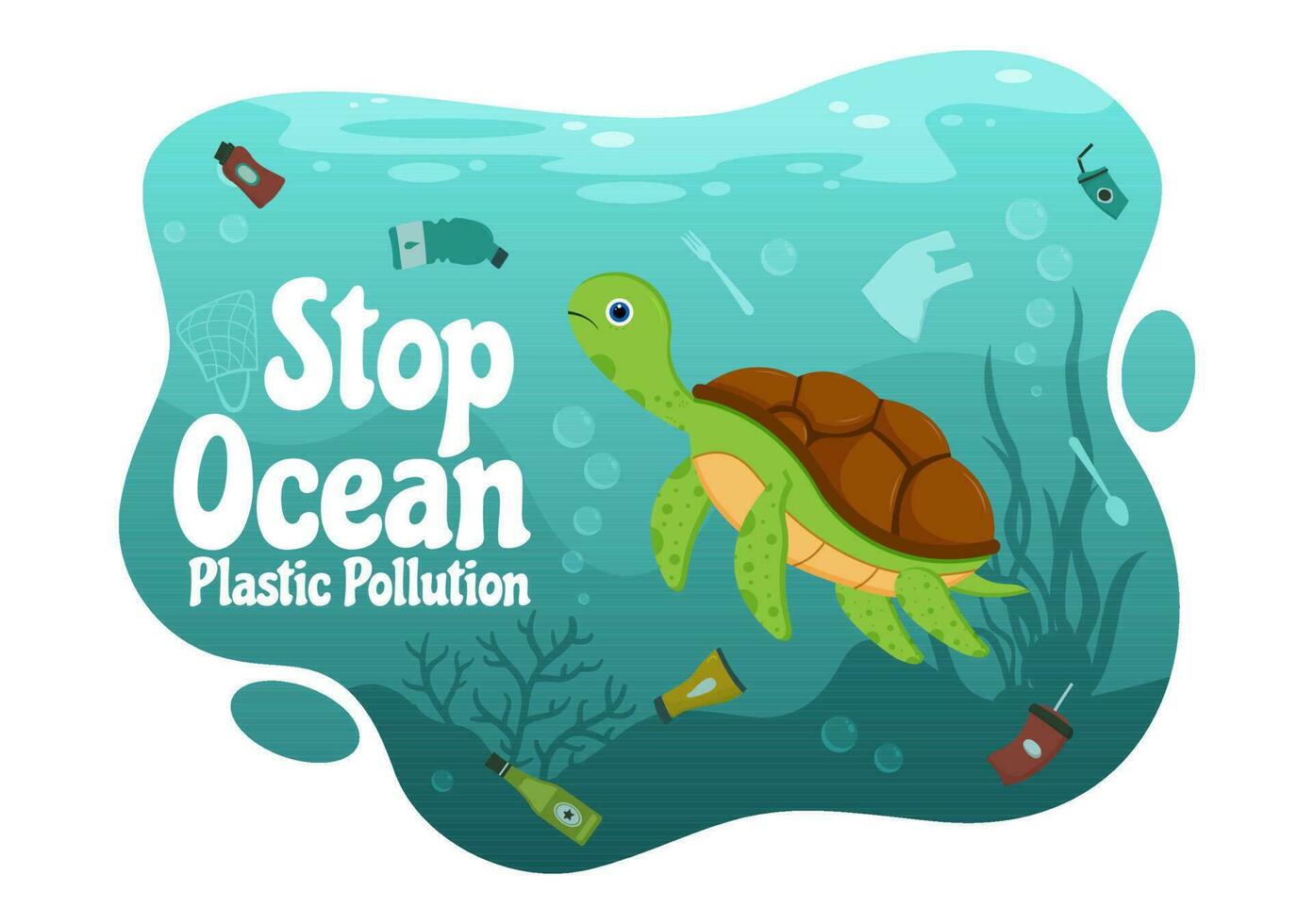 Stop Ocean Plastic Pollution Vector Illustration with Trash Under the Sea like a Waste Bag, Garbage and Bottle in Flat Cartoon Hand Drawn Templates