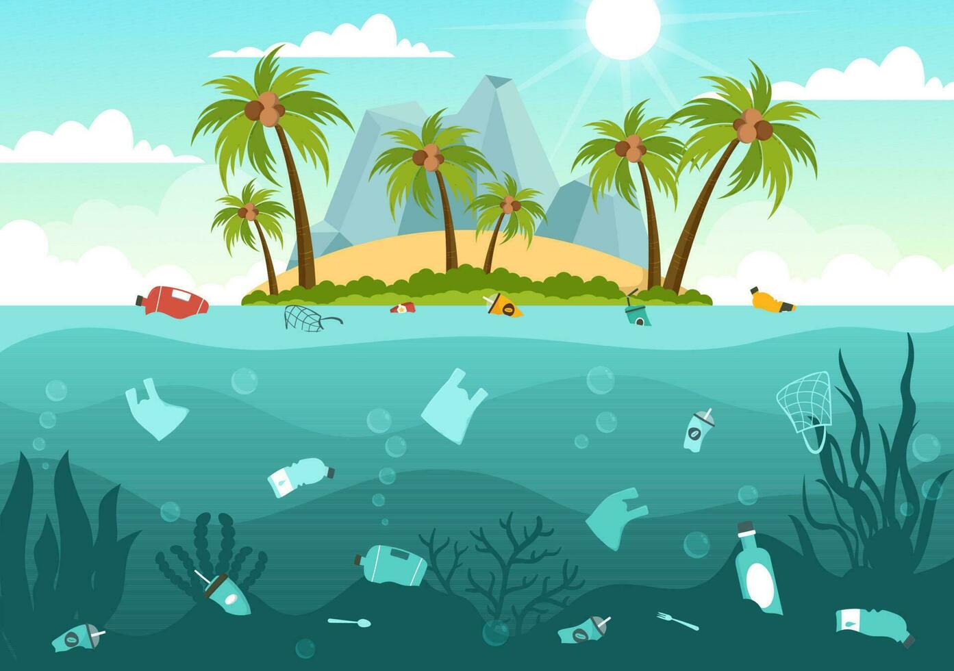 Stop Ocean Plastic Pollution Vector Illustration with Trash Under the Sea like a Waste Bag, Garbage and Bottle in Flat Cartoon Hand Drawn Templates