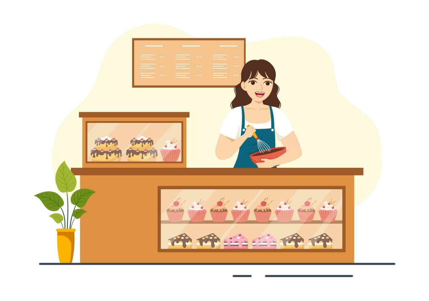 Confectioner Vector Illustration with Chef Wearing Apron Preparing Dessert, Sweet Products and Pastry in Flat Cartoon Hand Drawn Templates