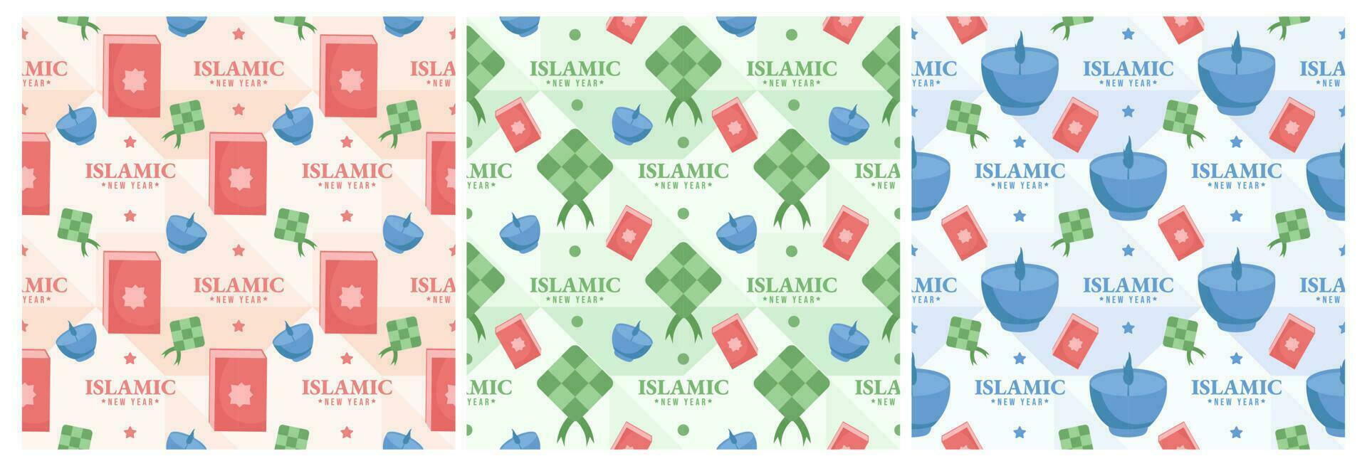 Set of Happy Islamic New Year Seamless Pattern Design Flat Illustration with Muslims Elements in Template Hand Drawn vector