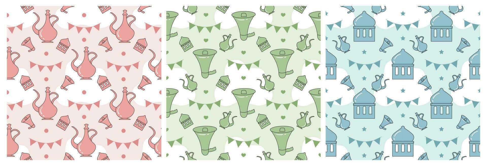 Set of Happy Islamic New Year Seamless Pattern Design Flat Illustration with Muslims Elements in Template Hand Drawn vector
