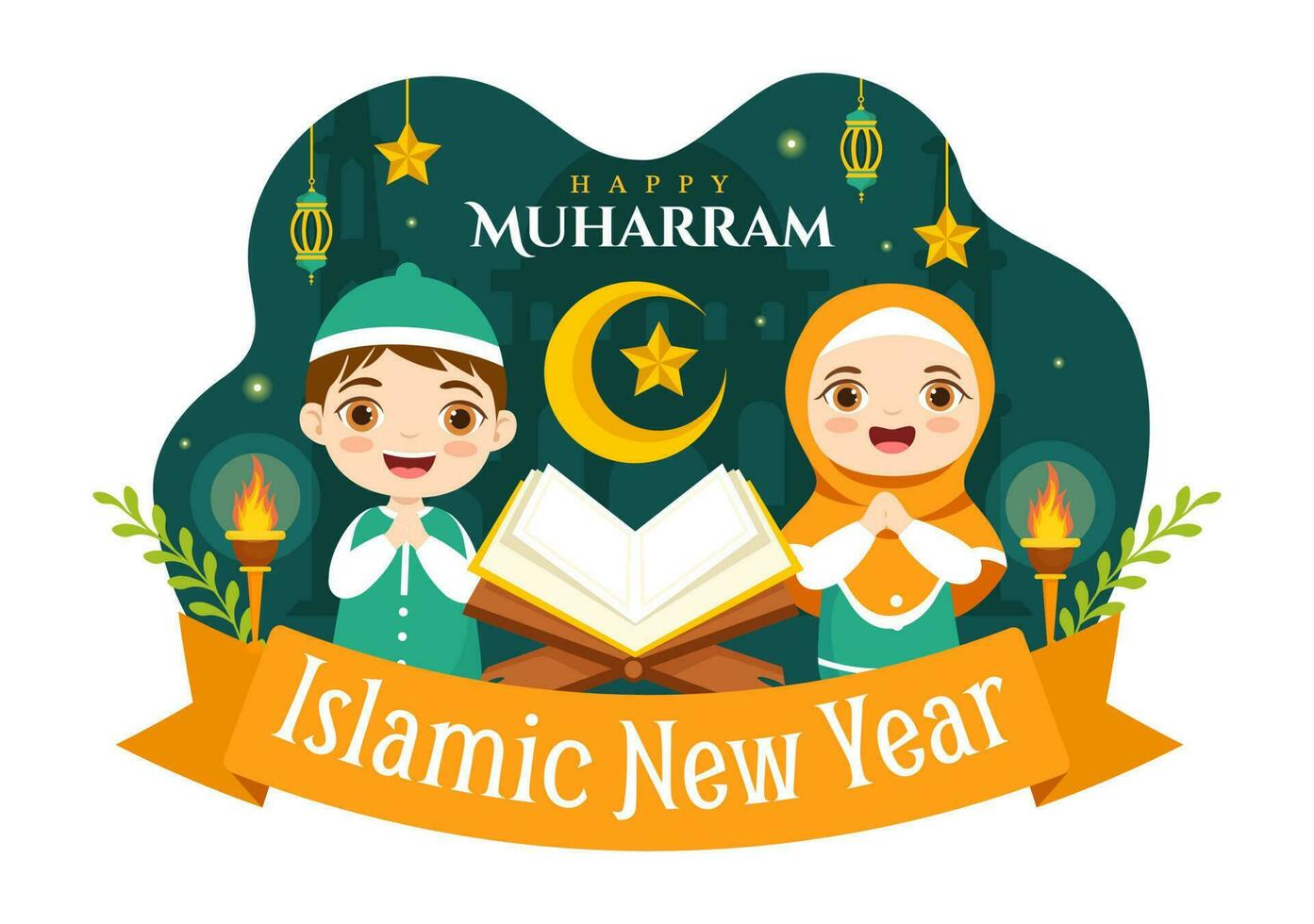 Happy Muharram Vector Illustration with Kids Celebrating Islamic New Year in Flat Cartoon Hand Drawn Landing Page Background Templates